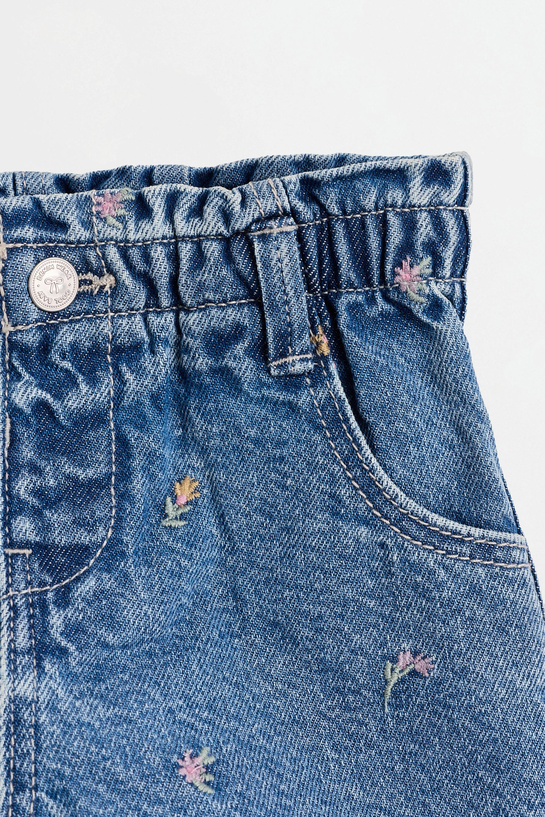 Embroidered paperbag denim shorts — NAVY