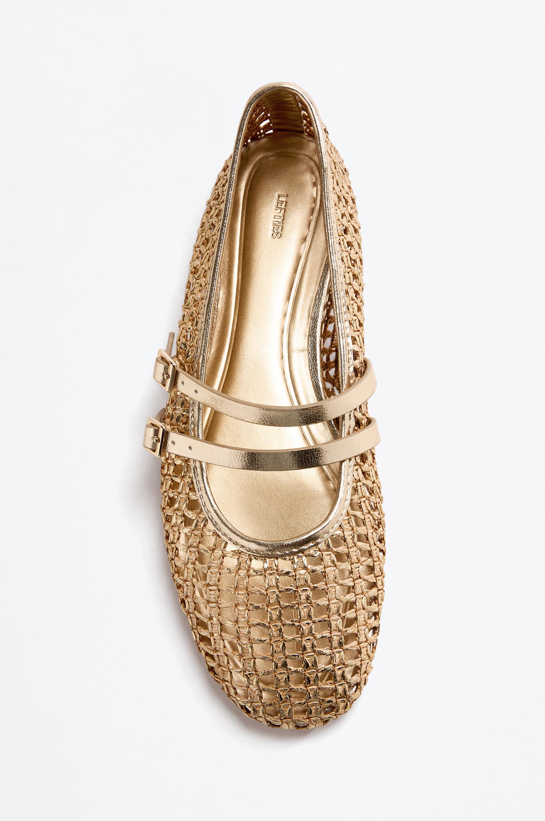 DOUBLE RAFFIA STRAP BALLET FLATS — GOLD