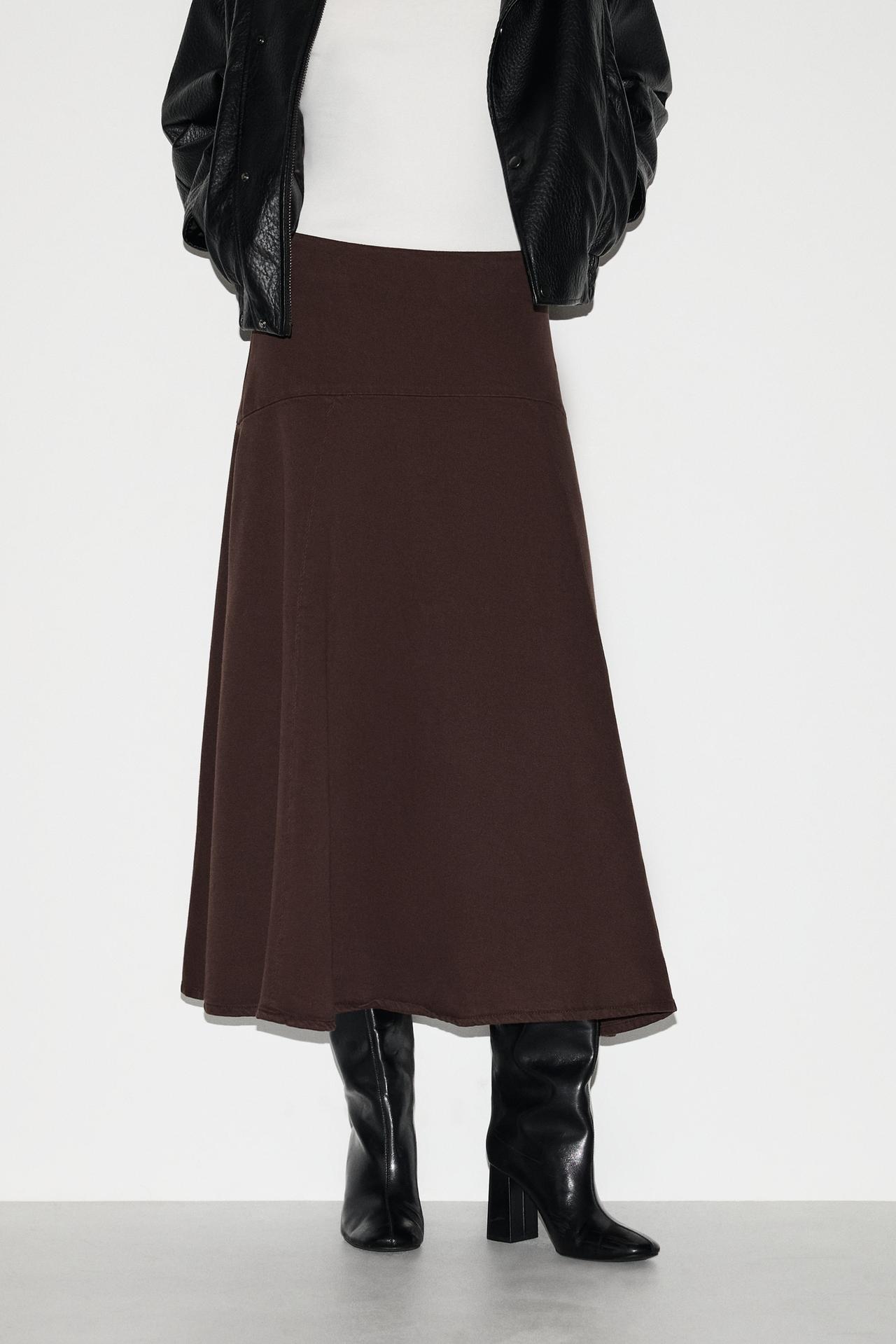 A-line midi denim skirt — BROWN MARL