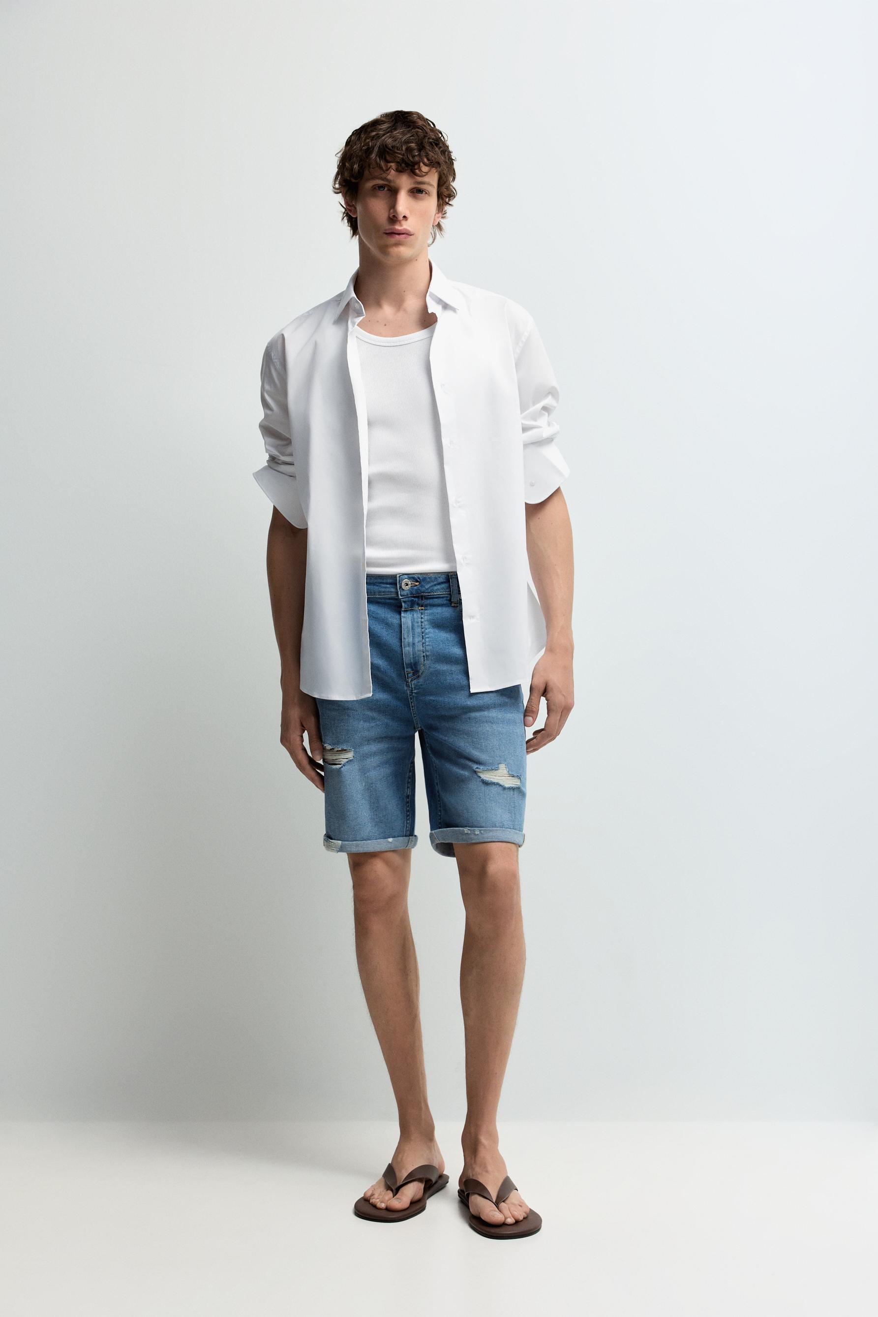 Distressed skinny denim Bermuda shorts — FADED SKY BLUE