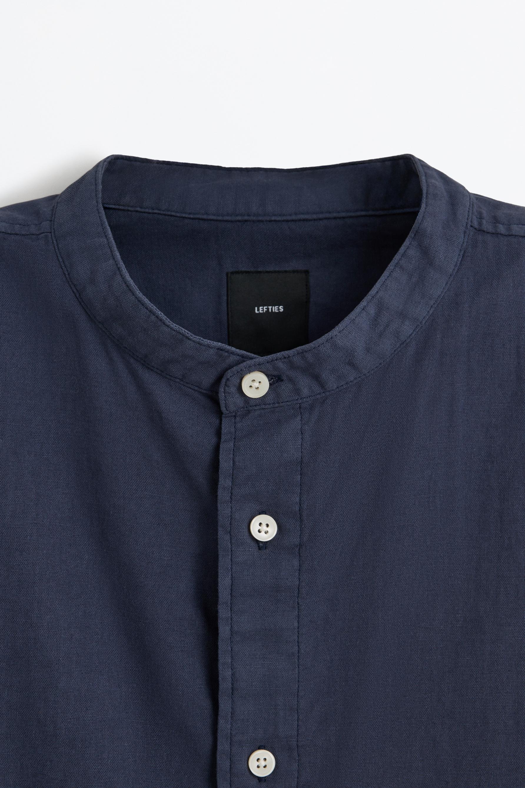 Linen-cotton stand collar shirt — NAVY