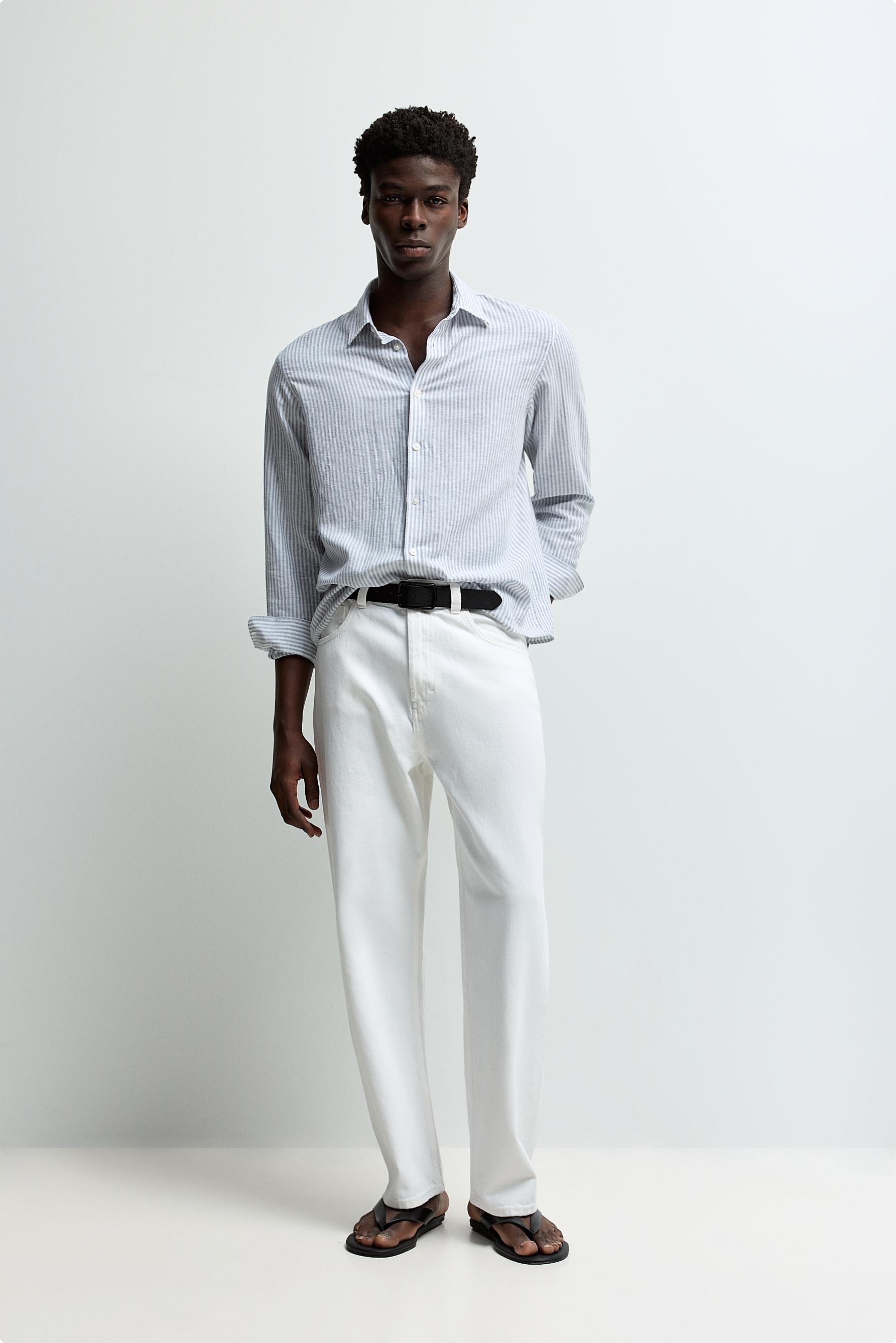 Cotton-linen striped shirt — SKY BLUE