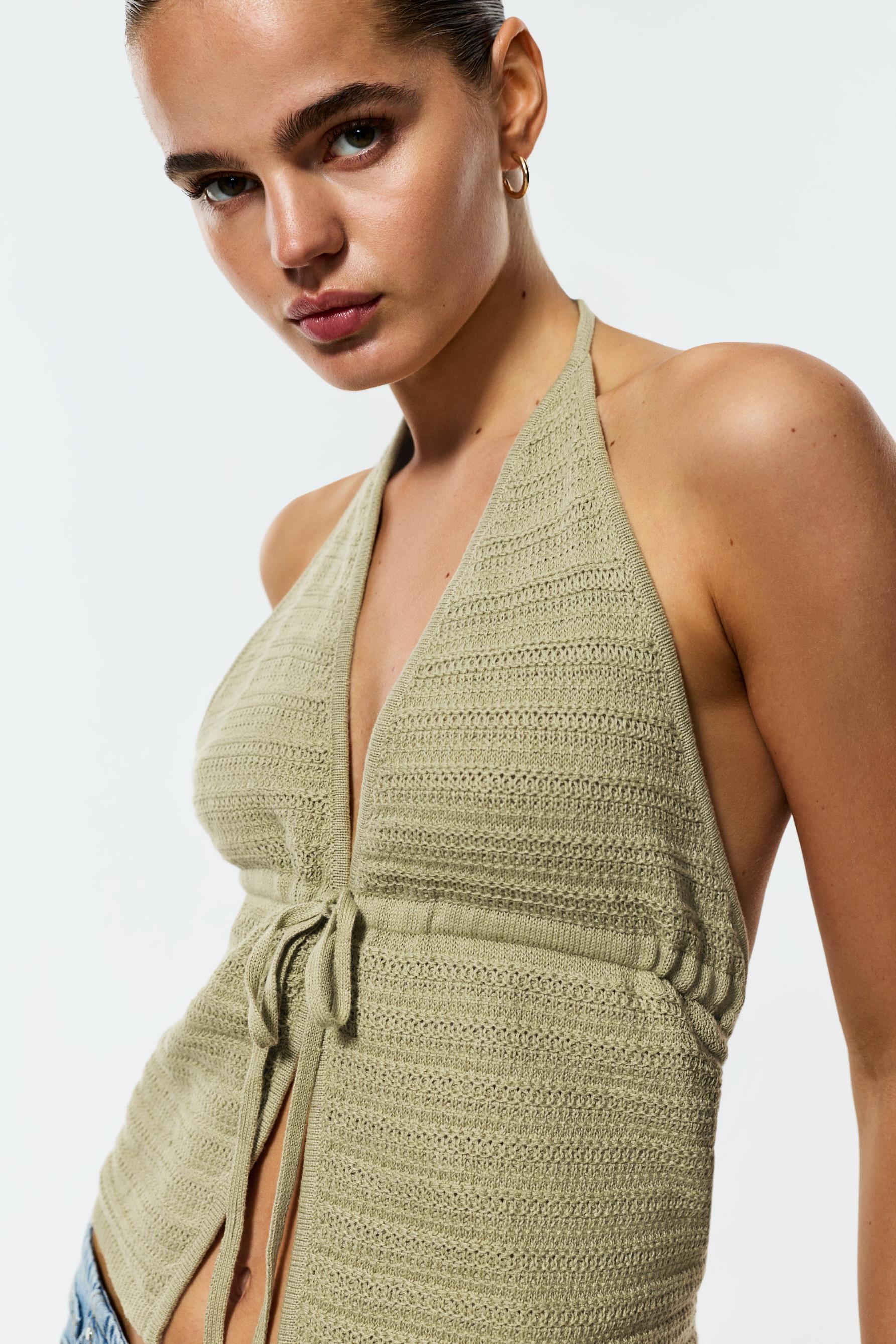 Tie-detail knit top — PALE KHAKI