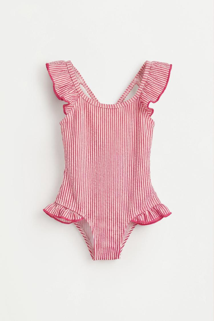 Striped ruffled swimsuit — FUCHSIA