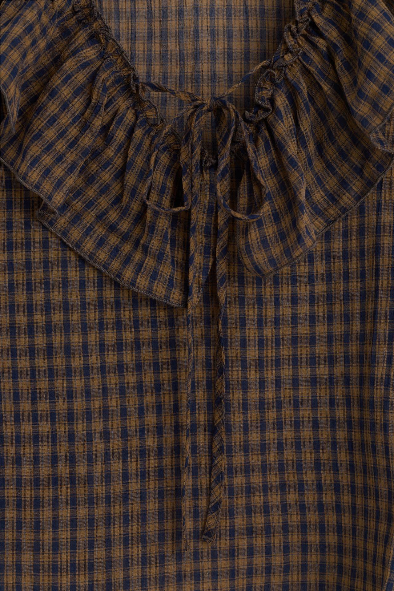 Plaid ruffle blouse — BROWN