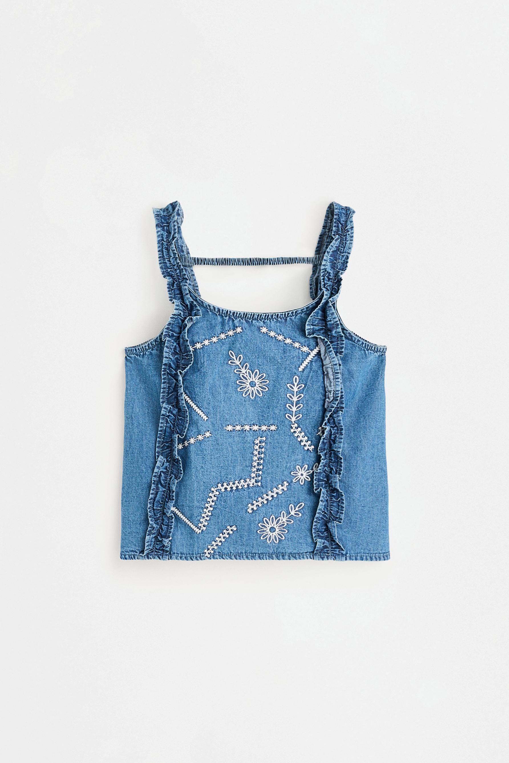 Embroidered denim top — MEDIUM BLUE