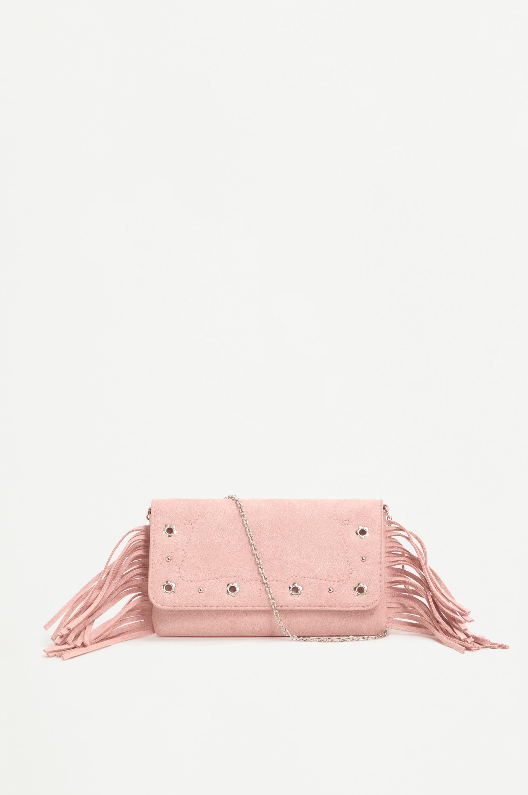 Fringed crossbody bag with flower detail — PINK