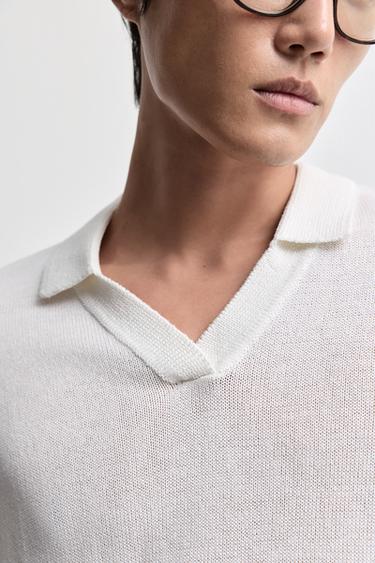 Linen blend knit polo shirt — OFF WHITE 3