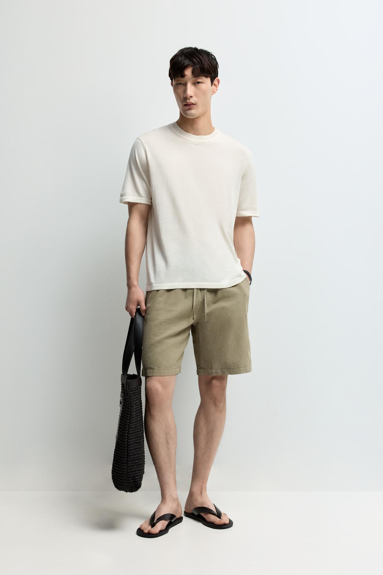 Linen-cotton jogger Bermuda shorts — KHAKI