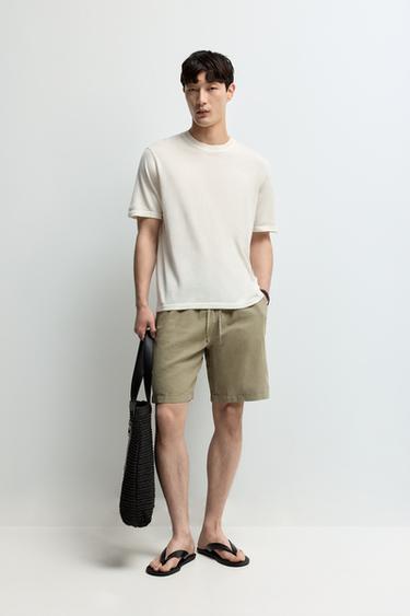 Linen-cotton jogger Bermuda shorts — KHAKI 1