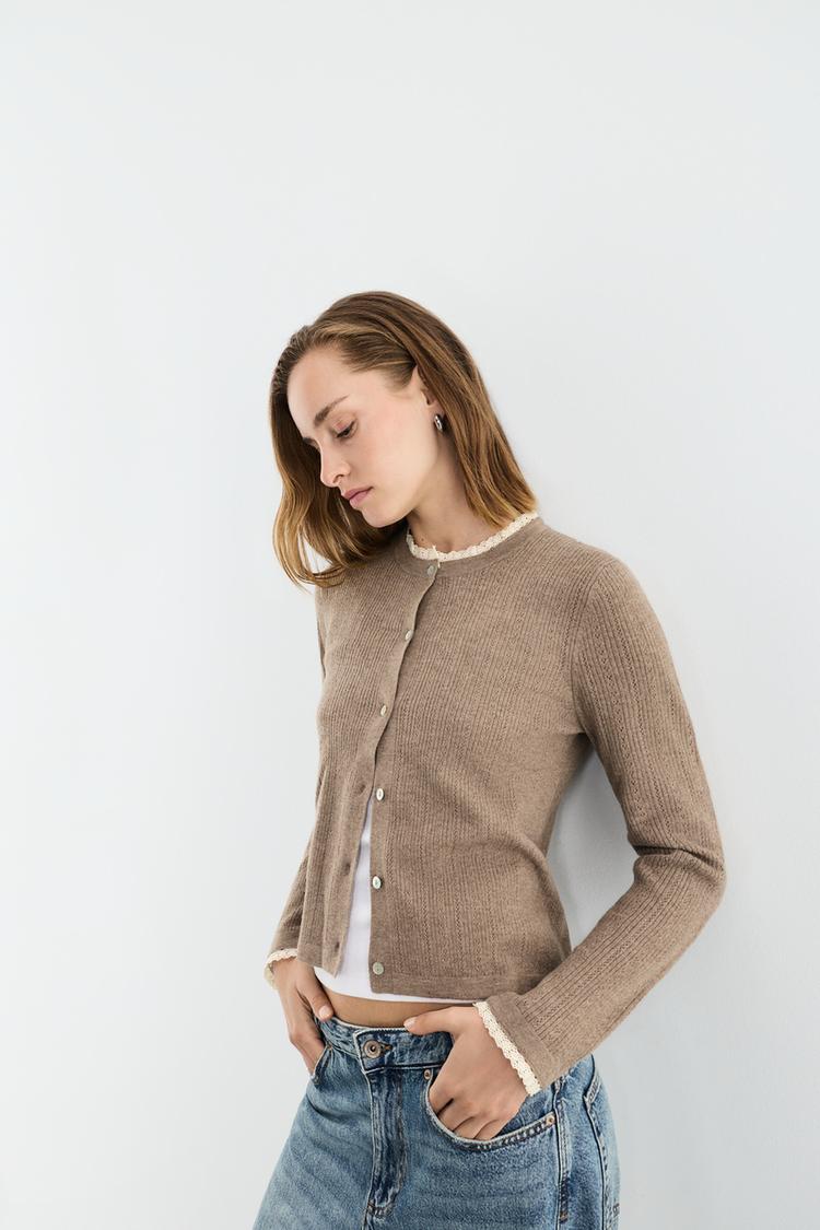 Pointelle knit jacket — TAUPE BROWN