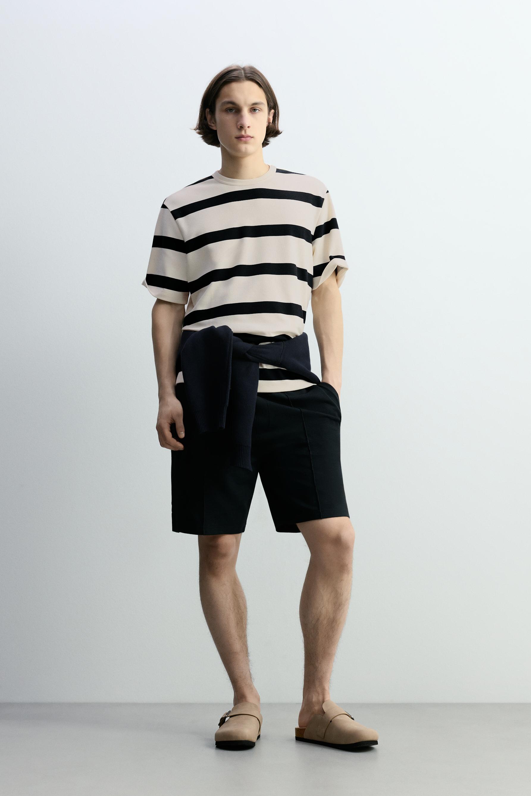 Textured striped T-shirt — NAVY