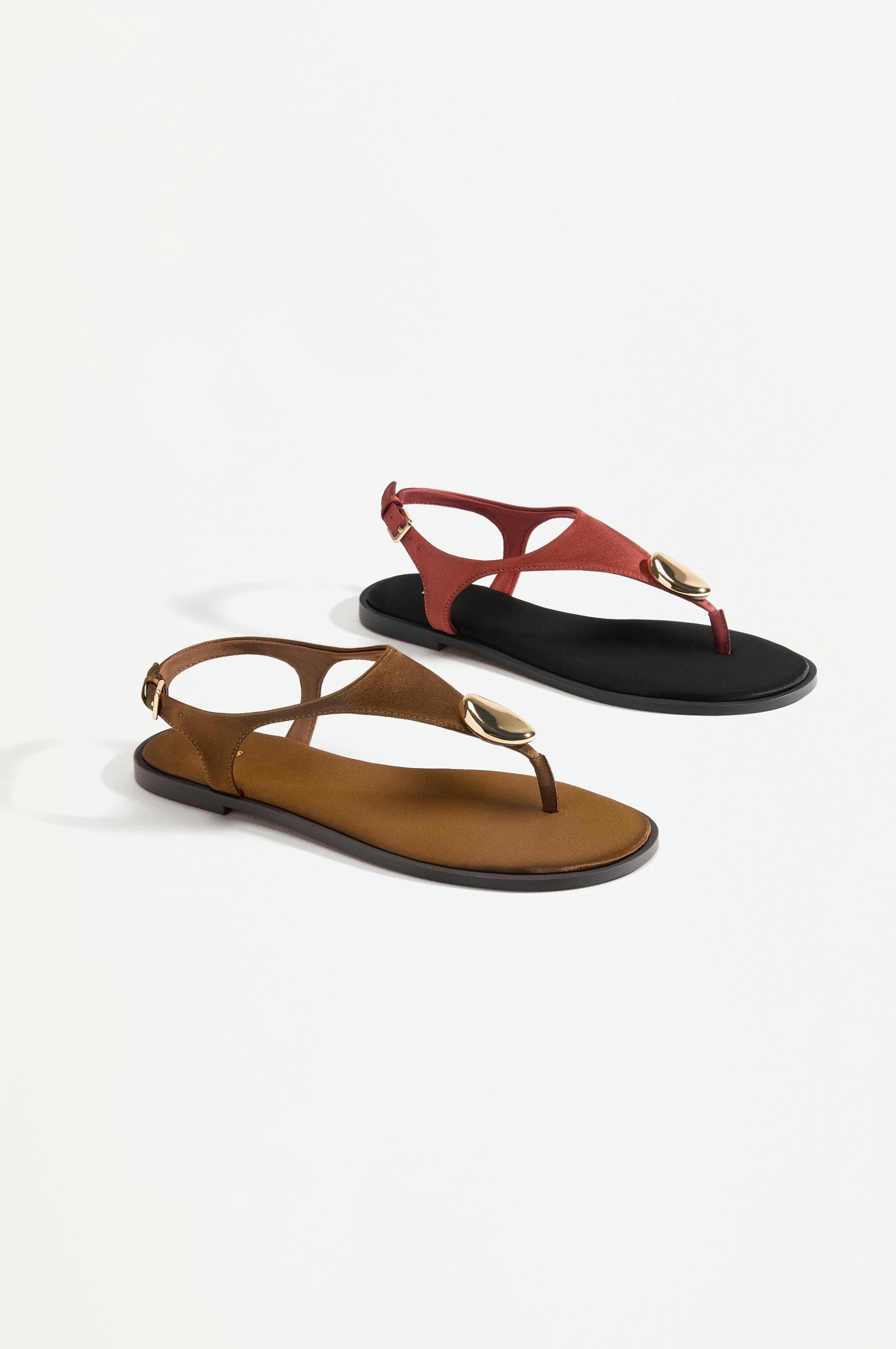 Beaded flat slider sandals — RUSSET