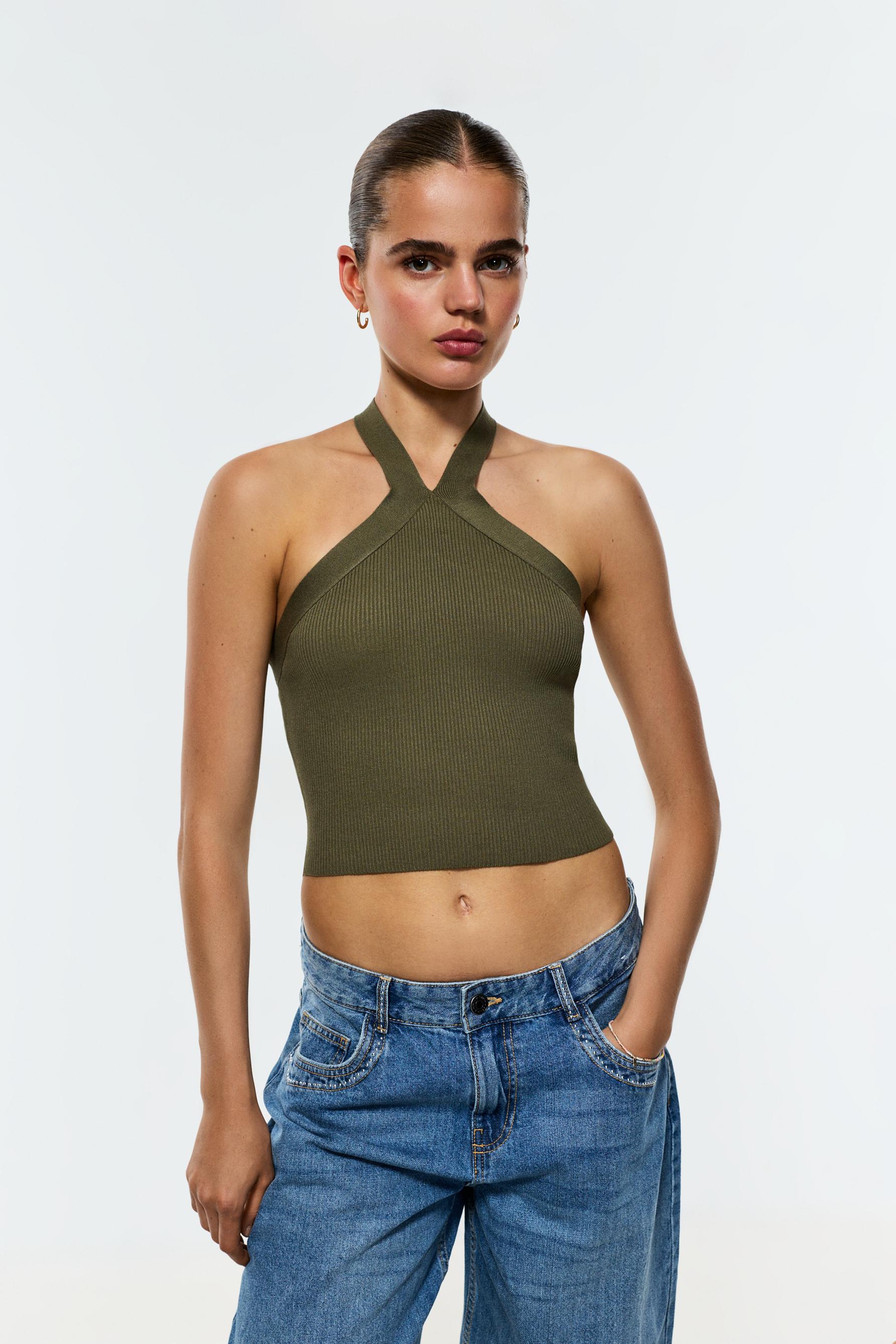 Criss-cross strap knit top — DARK KHAKI