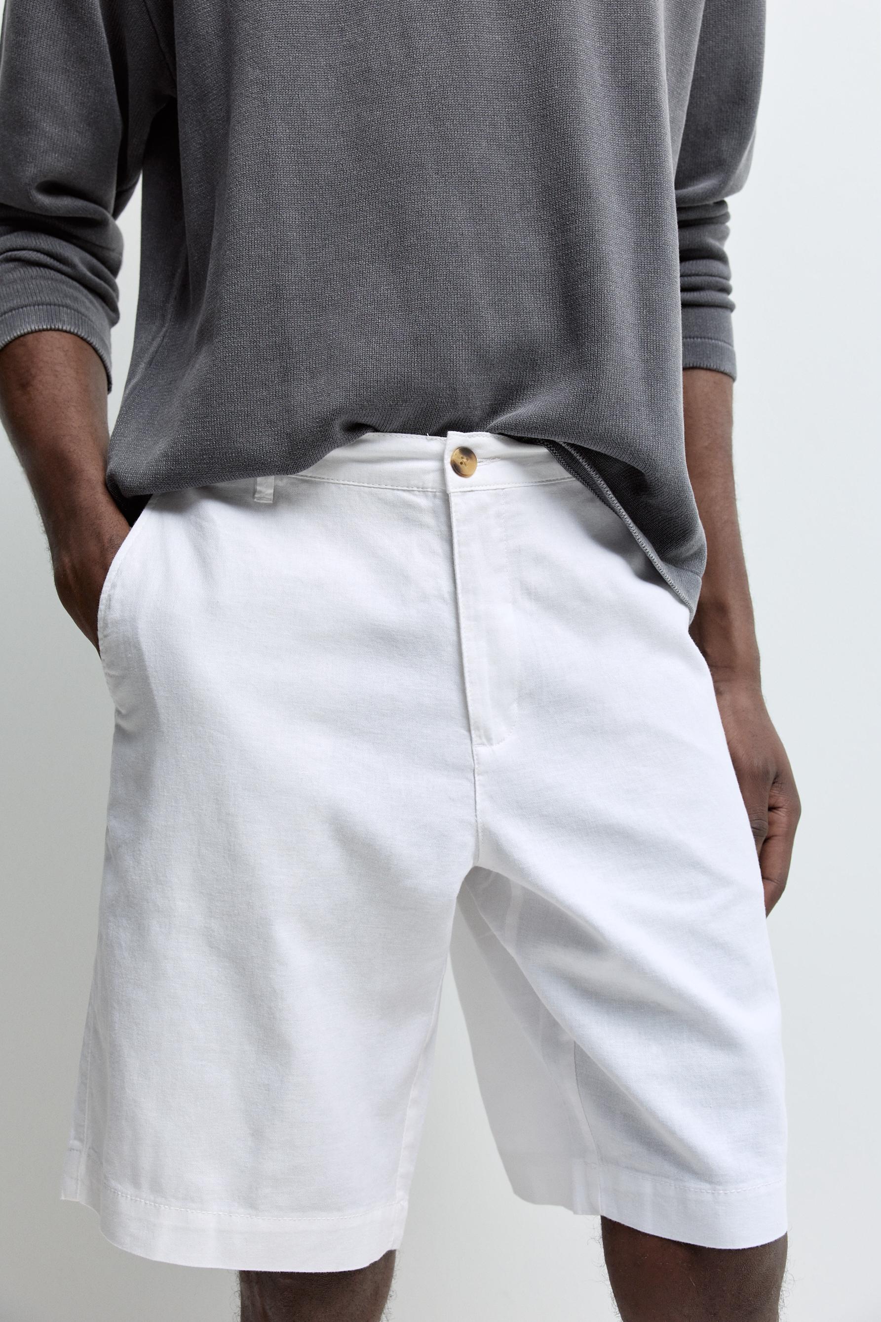 Cotton-linen chino Bermuda shorts — WHITE