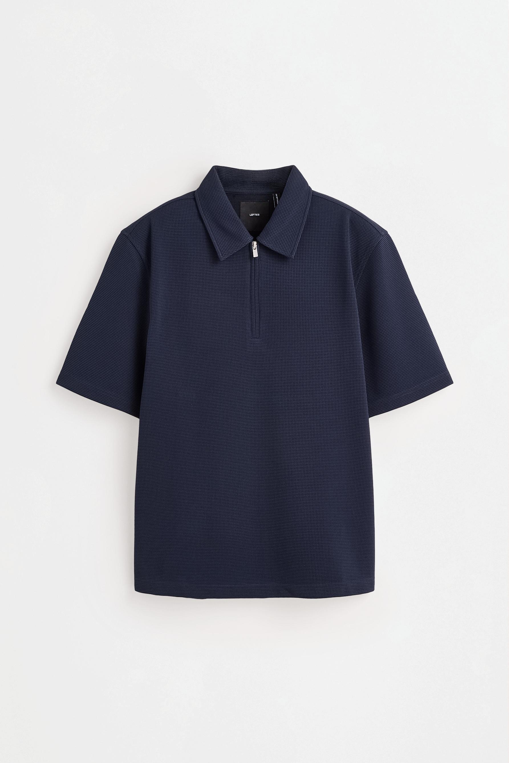 Textured zip-up polo shirt — DARK NAVY