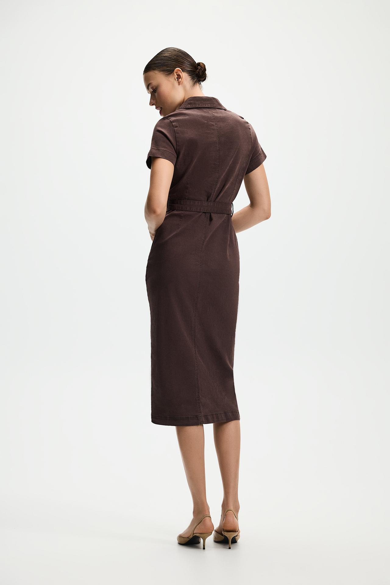 Fitted denim button-front dress — BROWN MARL