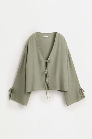 Textured tie-front shirt — PALE KHAKI 6