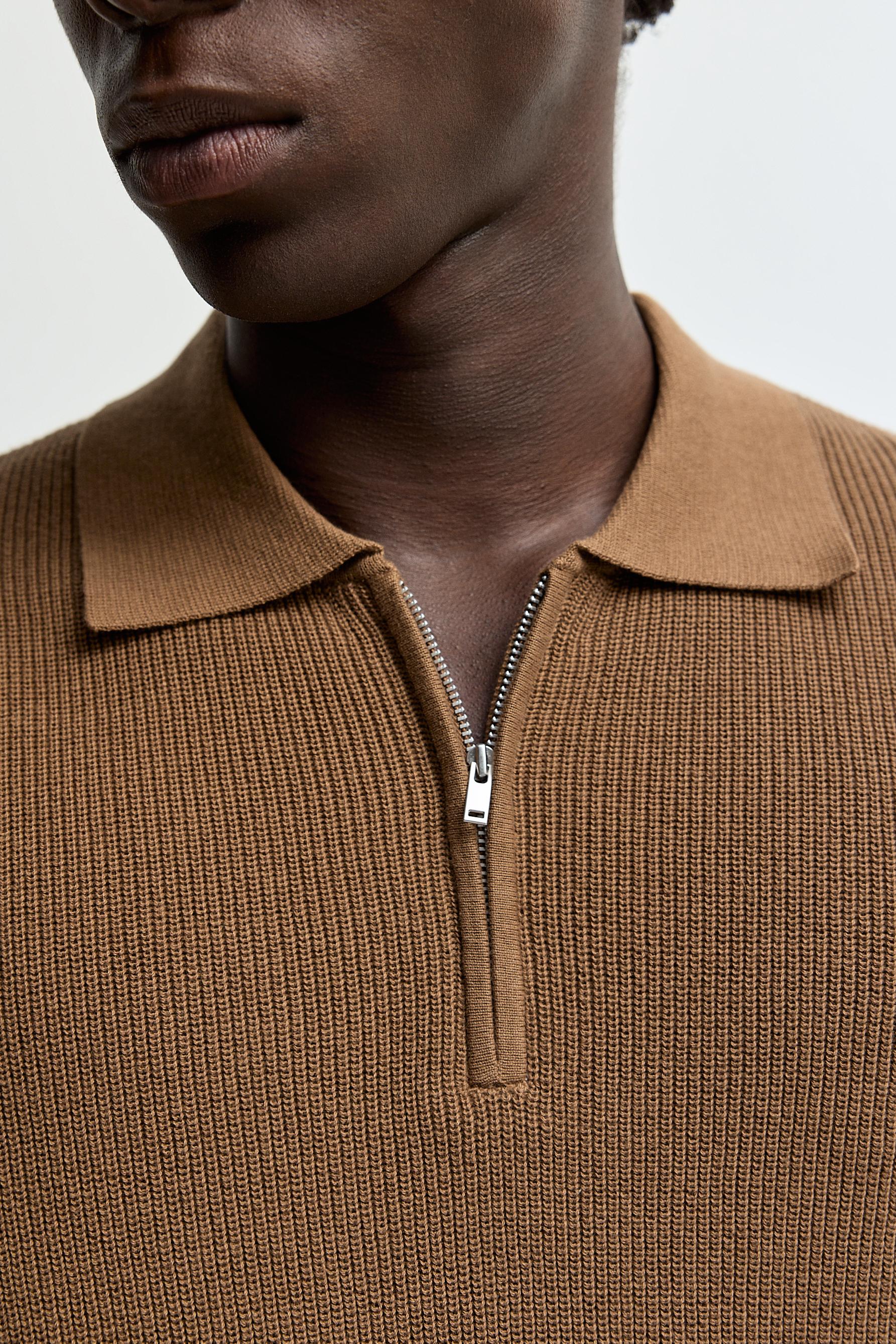 Zip-up knit polo — CAMEL