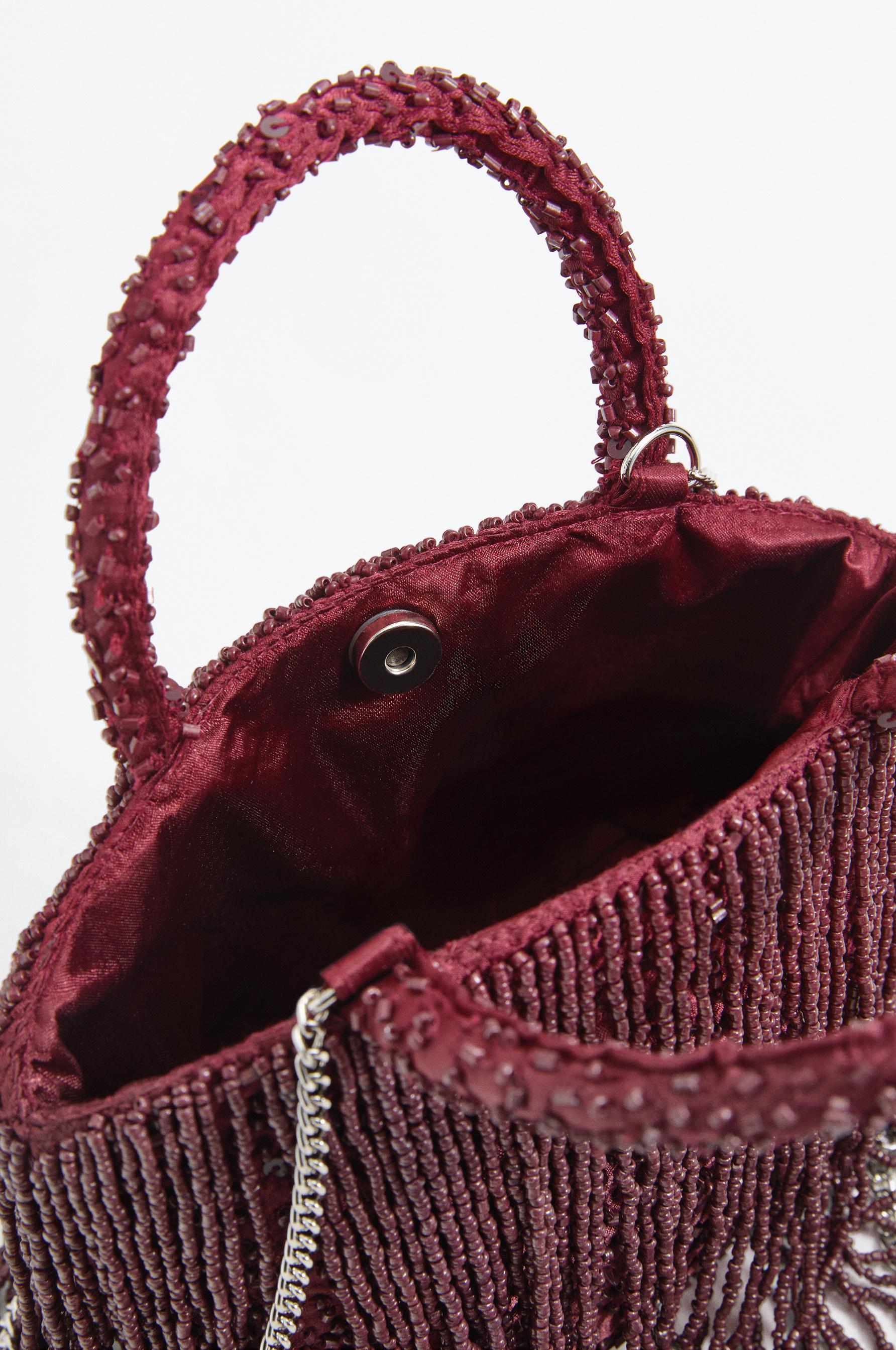 Mini shopper bag with beads and fringe — BURGUNDY