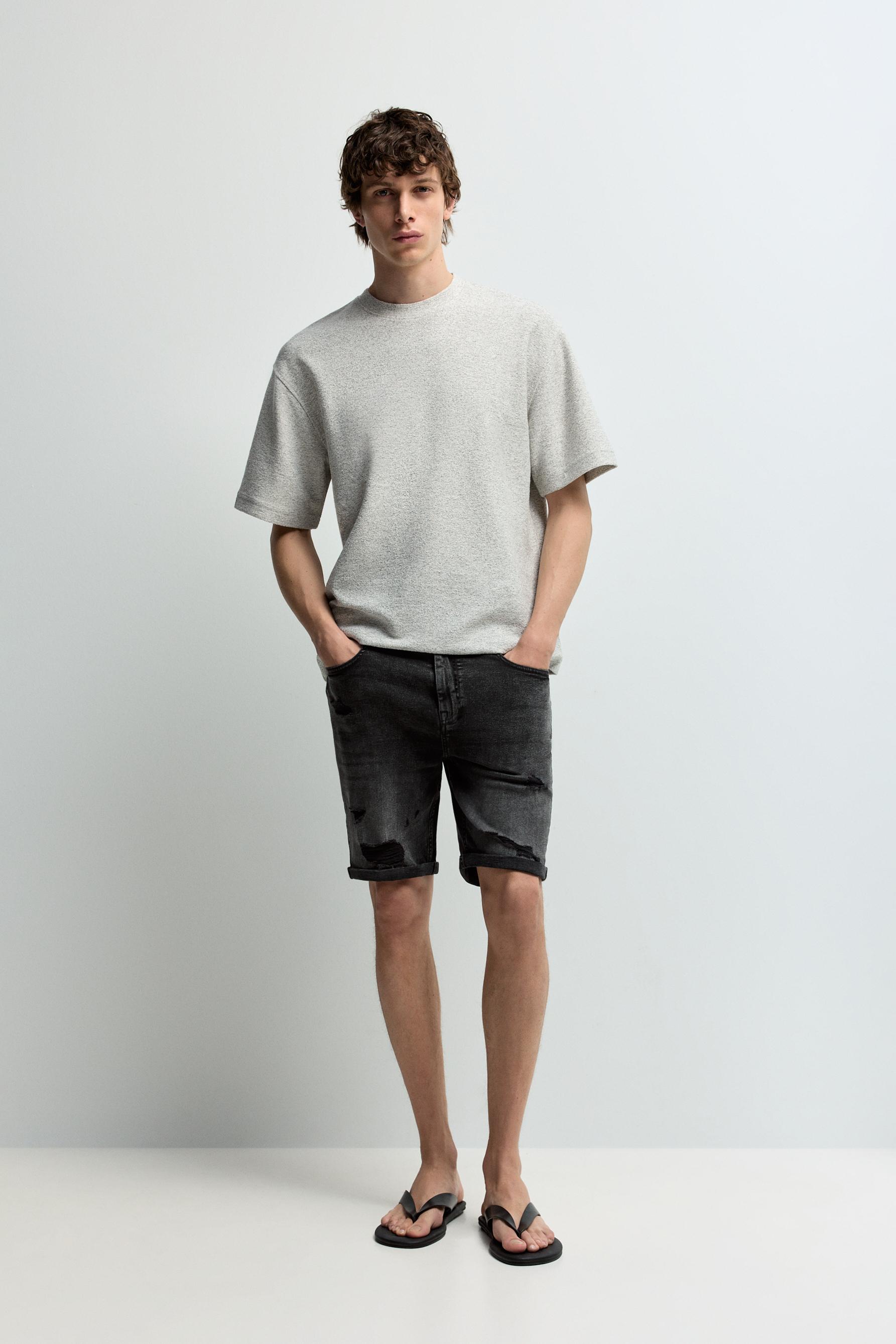 Distressed skinny denim Bermuda shorts — CHARCOAL
