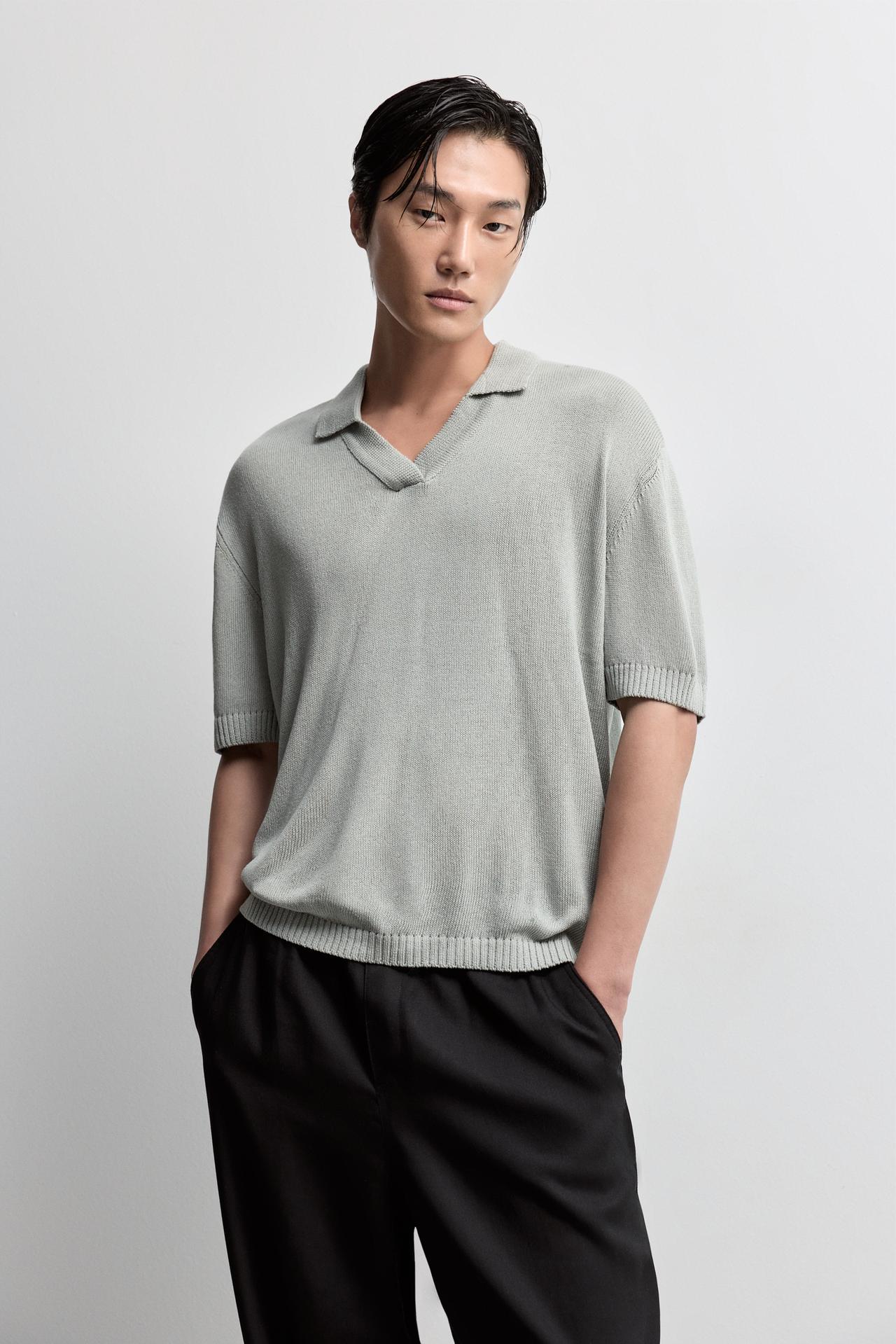 Linen blend knit polo shirt — WATER GREEN