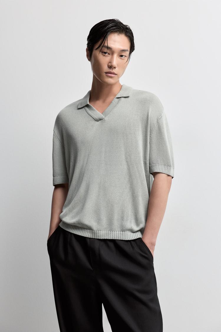 Linen blend knit polo shirt — WATER GREEN