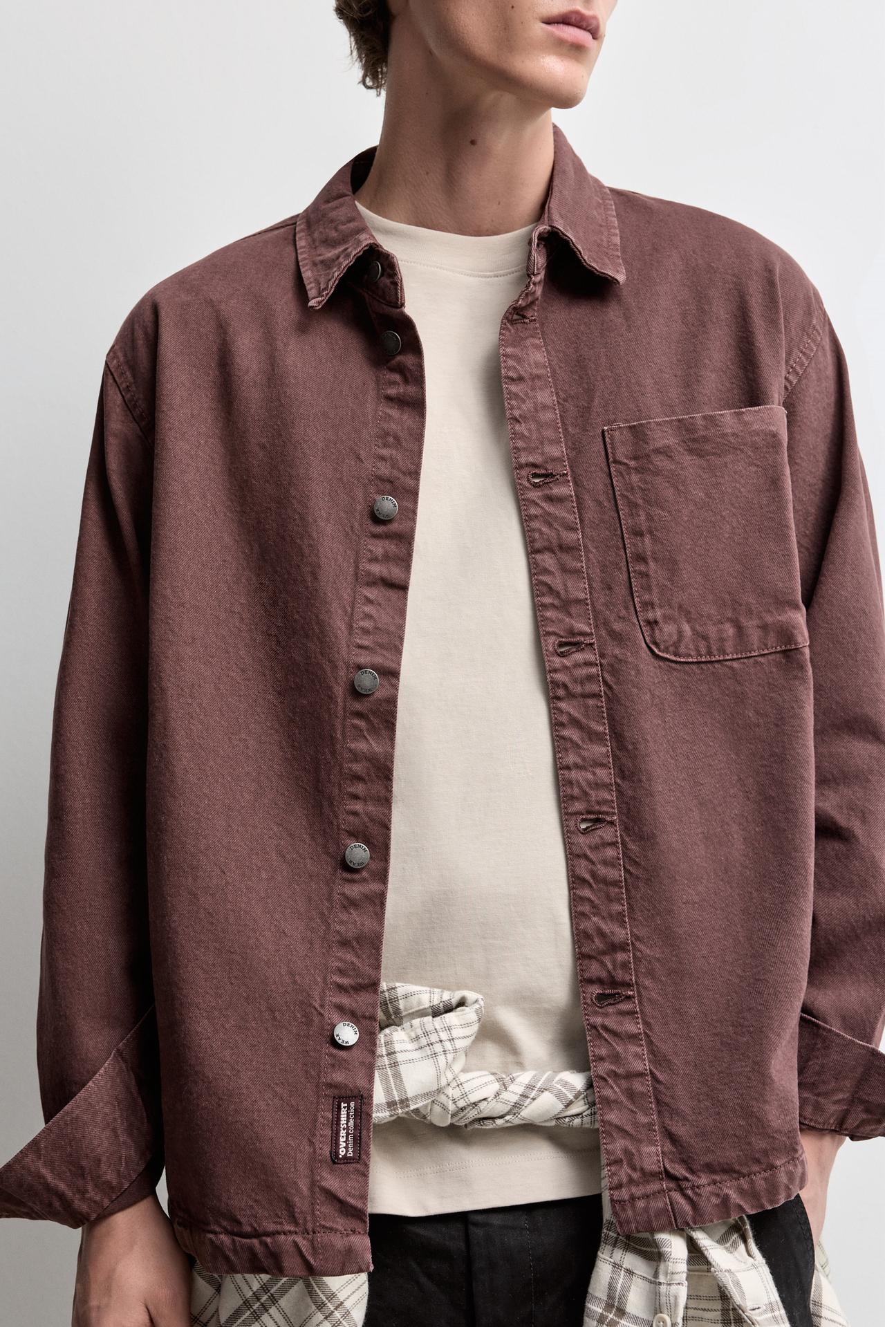 Denim overshirt with pocket — BURGUNDY