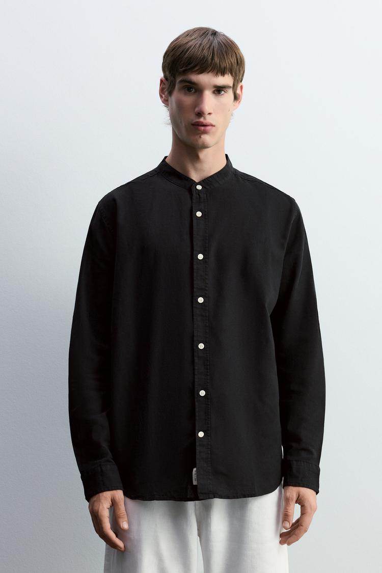 Linen and cotton stand collar shirt — BLACK