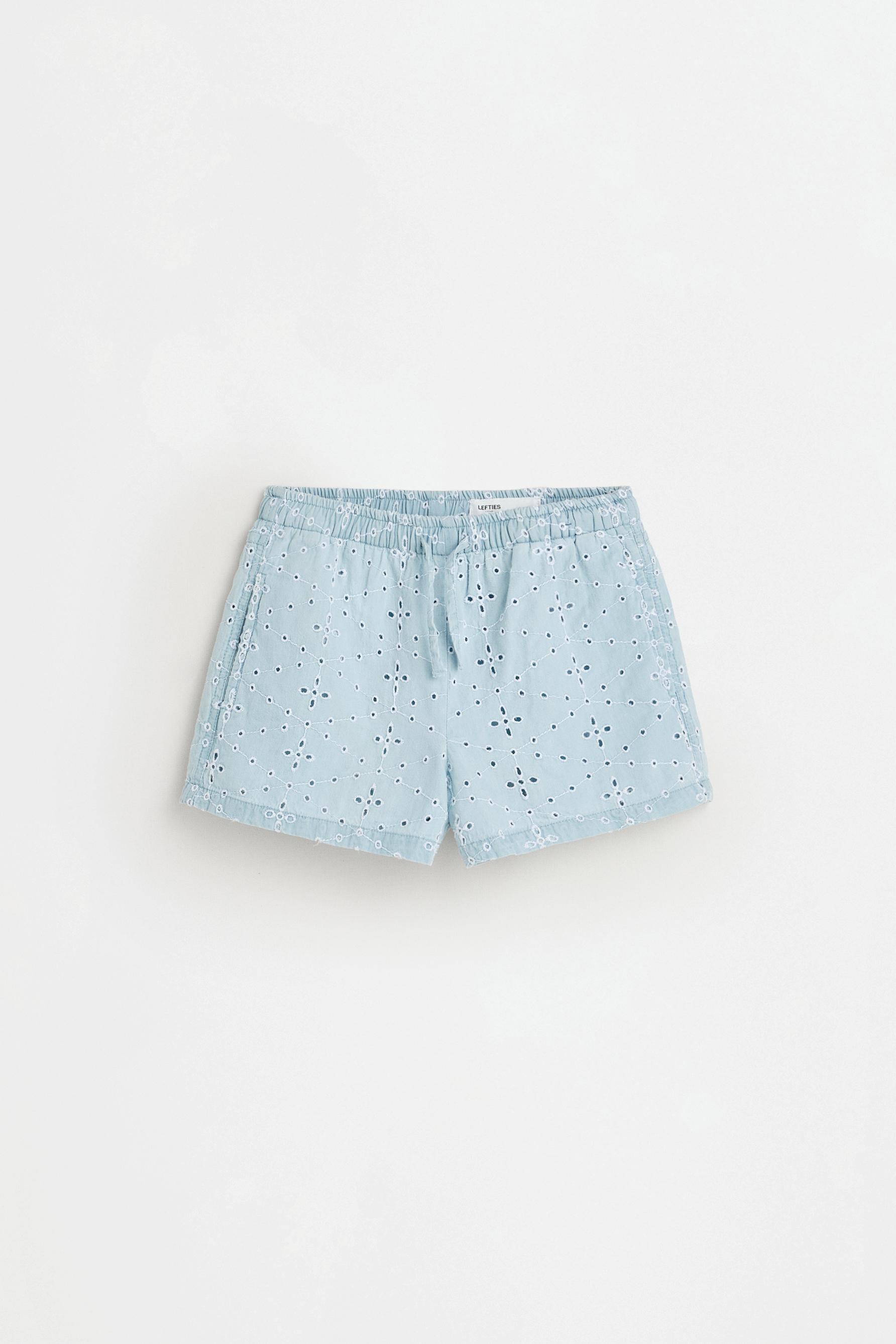 Lightweight Swiss embroidery denim shorts — PALE BLUE