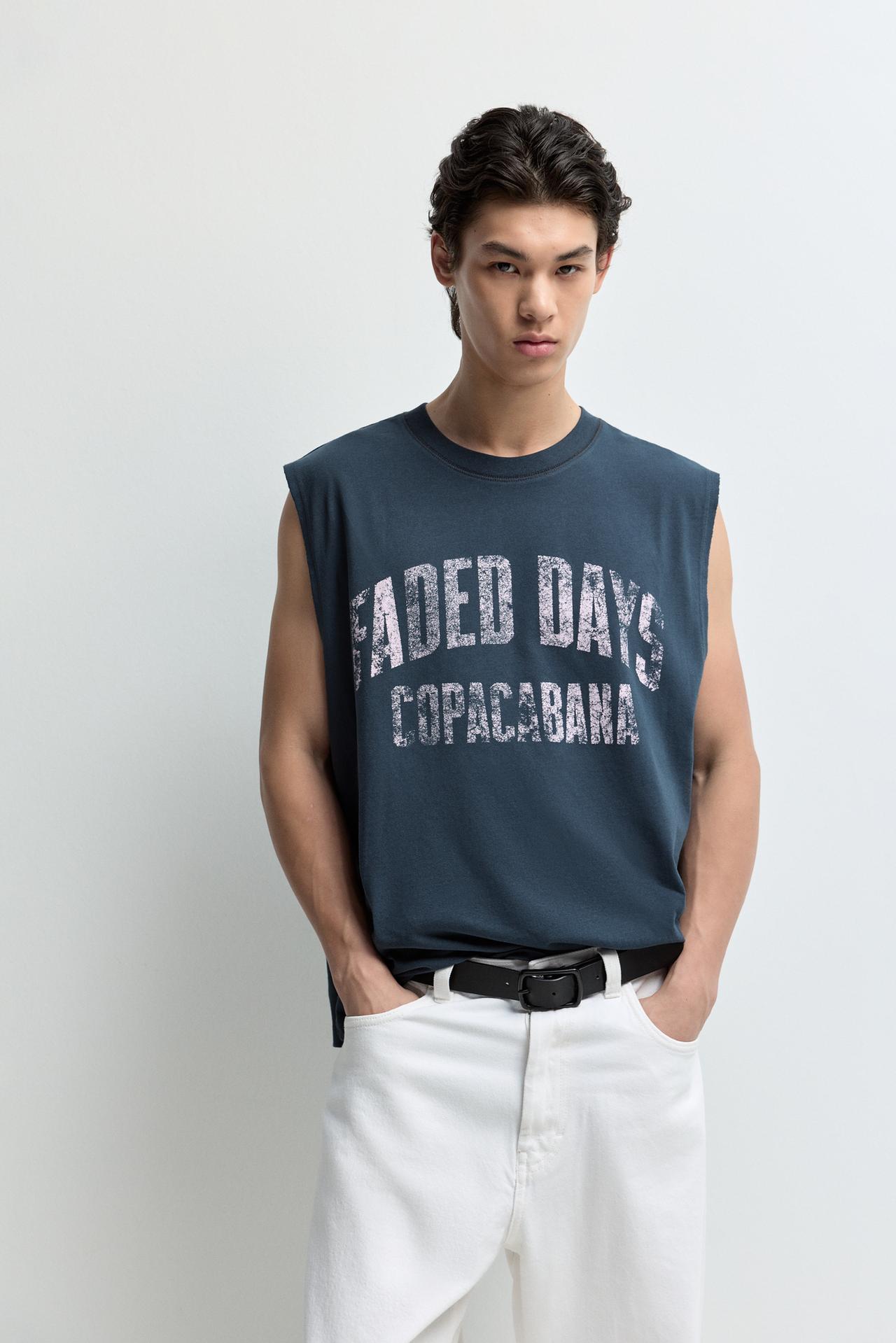 Faded-effect printed sleeveless T-shirt — DARK BLUE