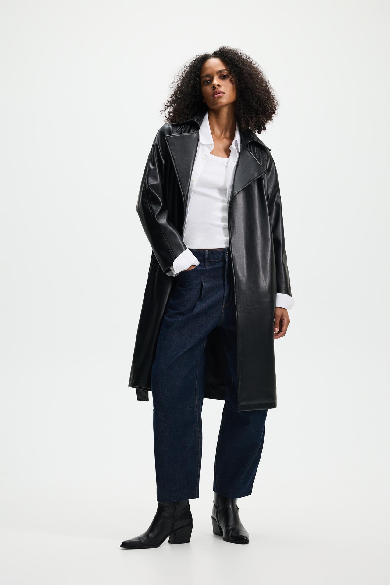 Oversize leather effect trench coat — BLACK