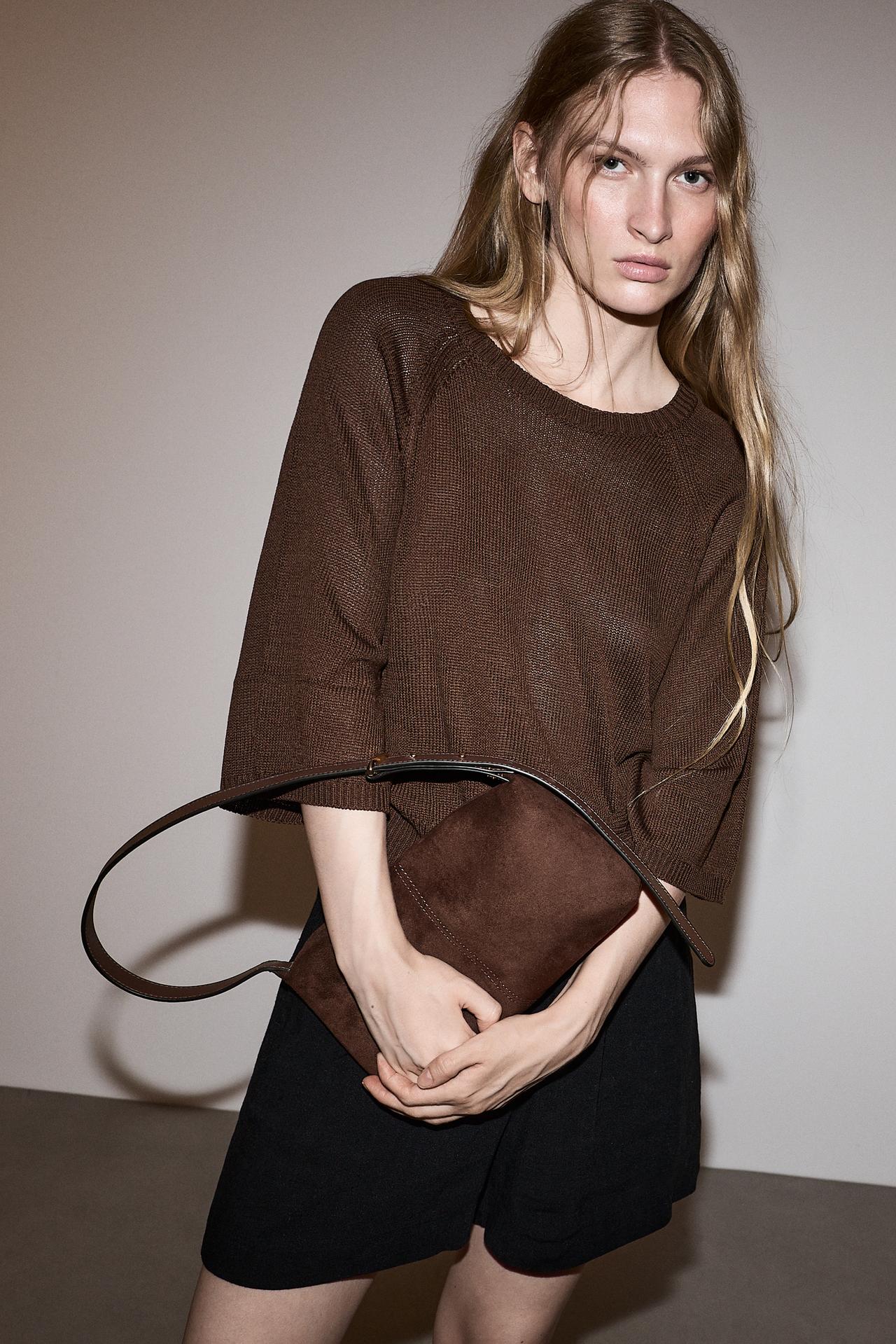 Multi-Position Suede Effect Bag — BROWN