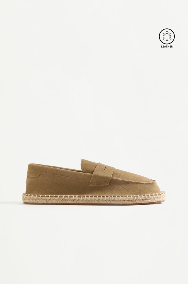 Leather moccasin with jute-effect sole — BEIGE