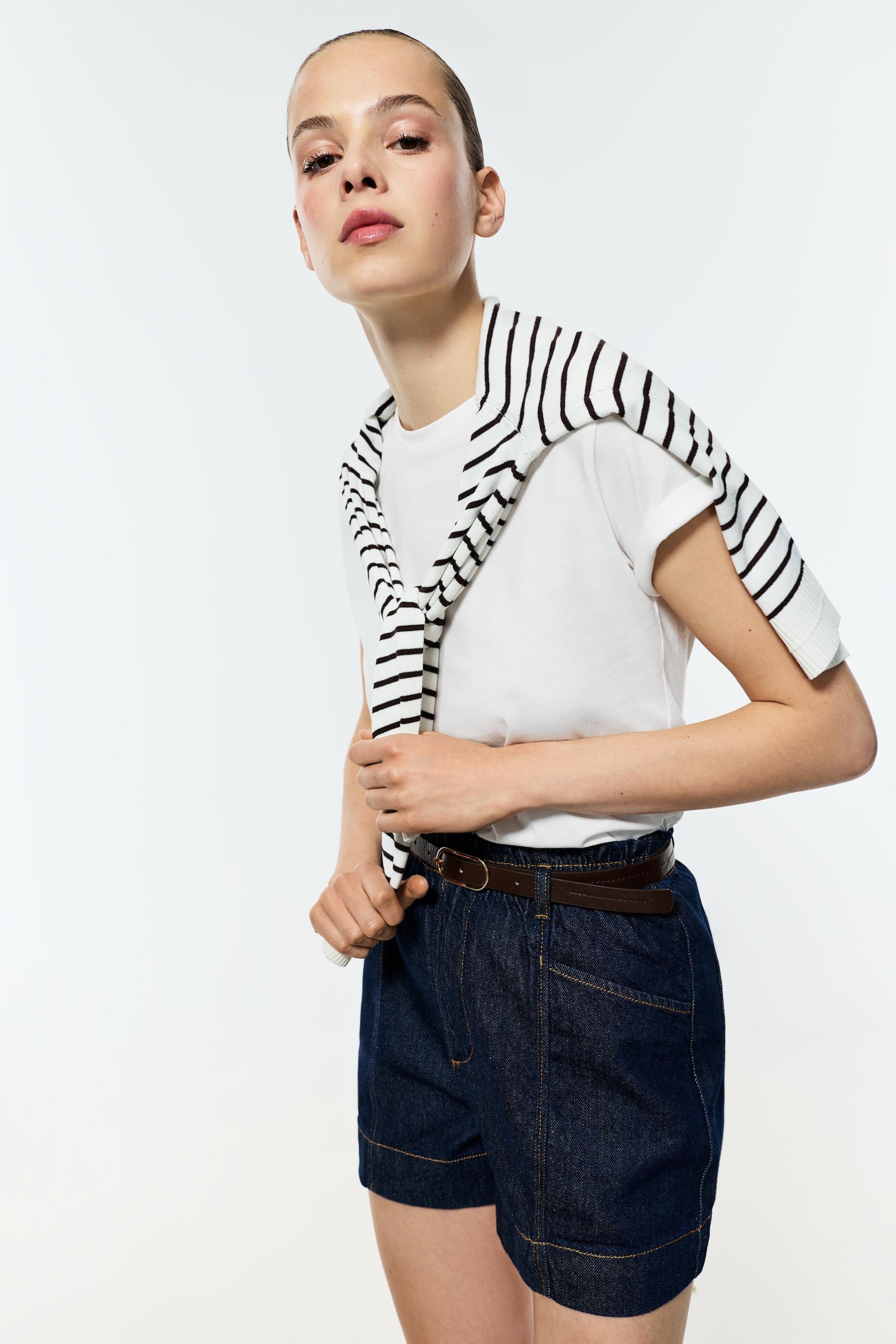 Paperbag denim shorts — NAVY