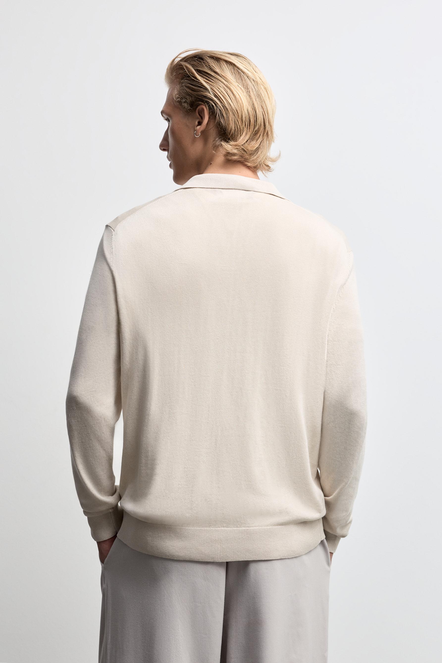 Long sleeve knit polo shirt — ECRU