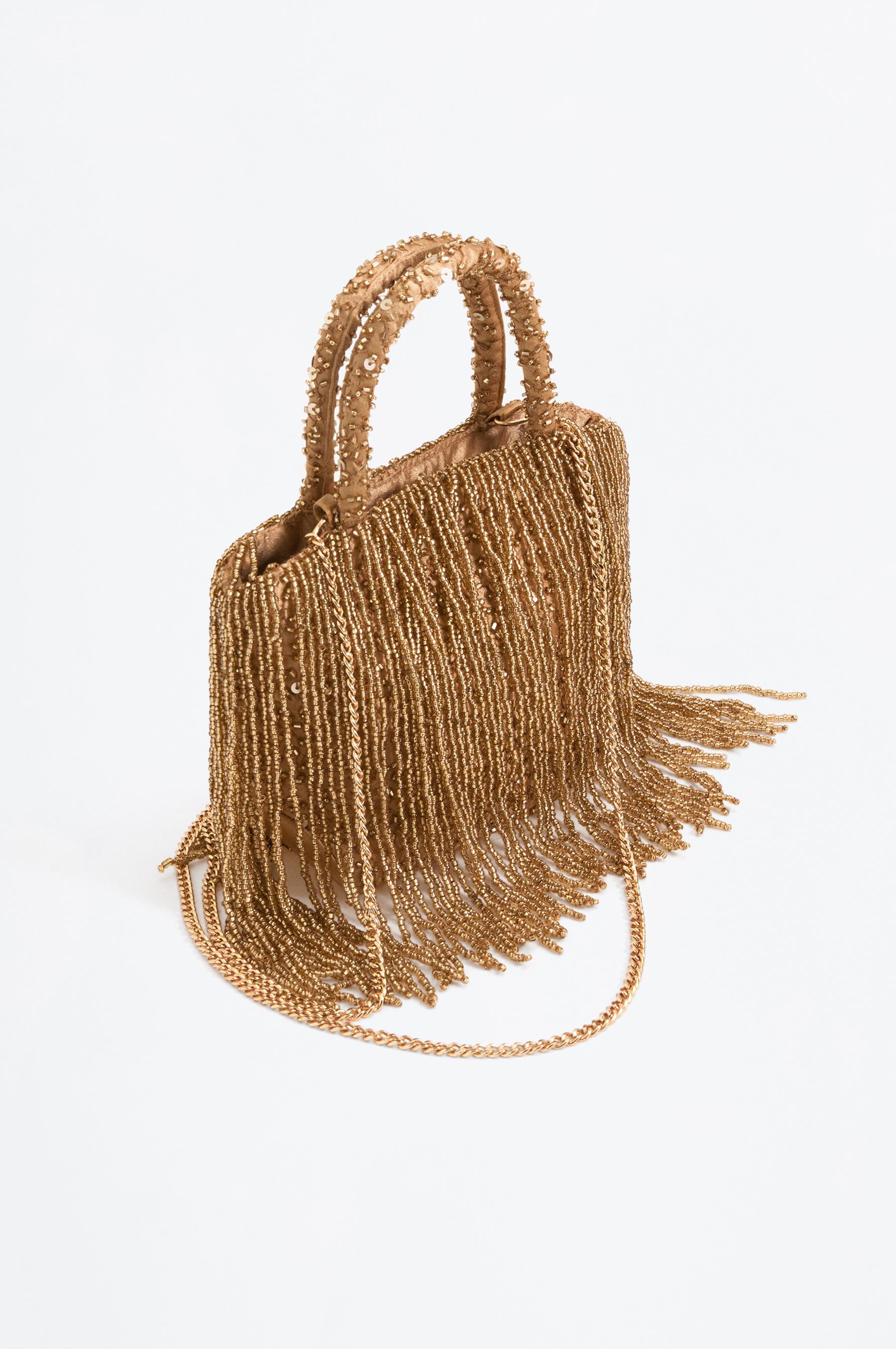 Mini shopper bag with beads and fringe — GOLD