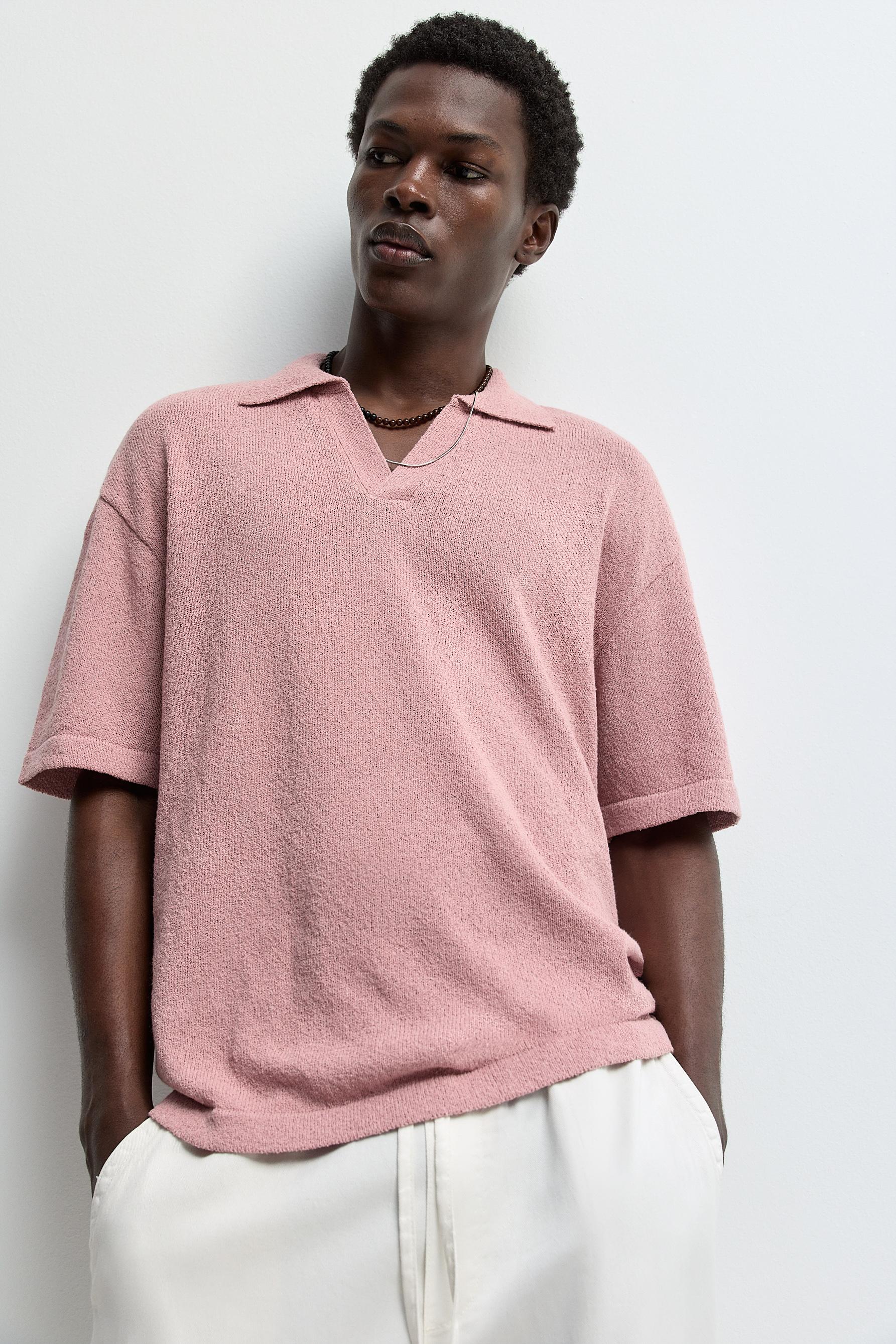 Textured knit polo shirt — ROSE PINK