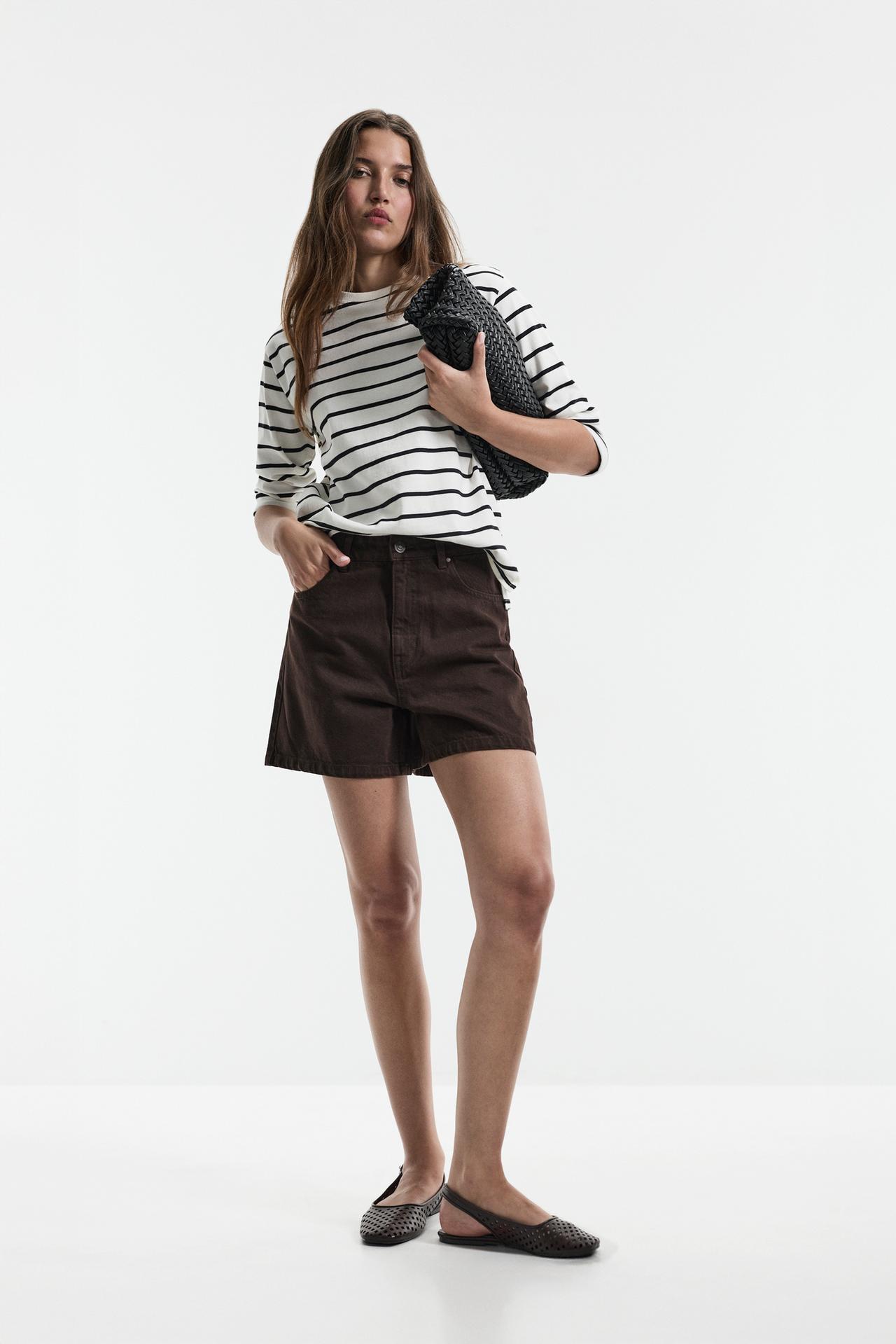 Basic mom fit denim shorts — BROWN