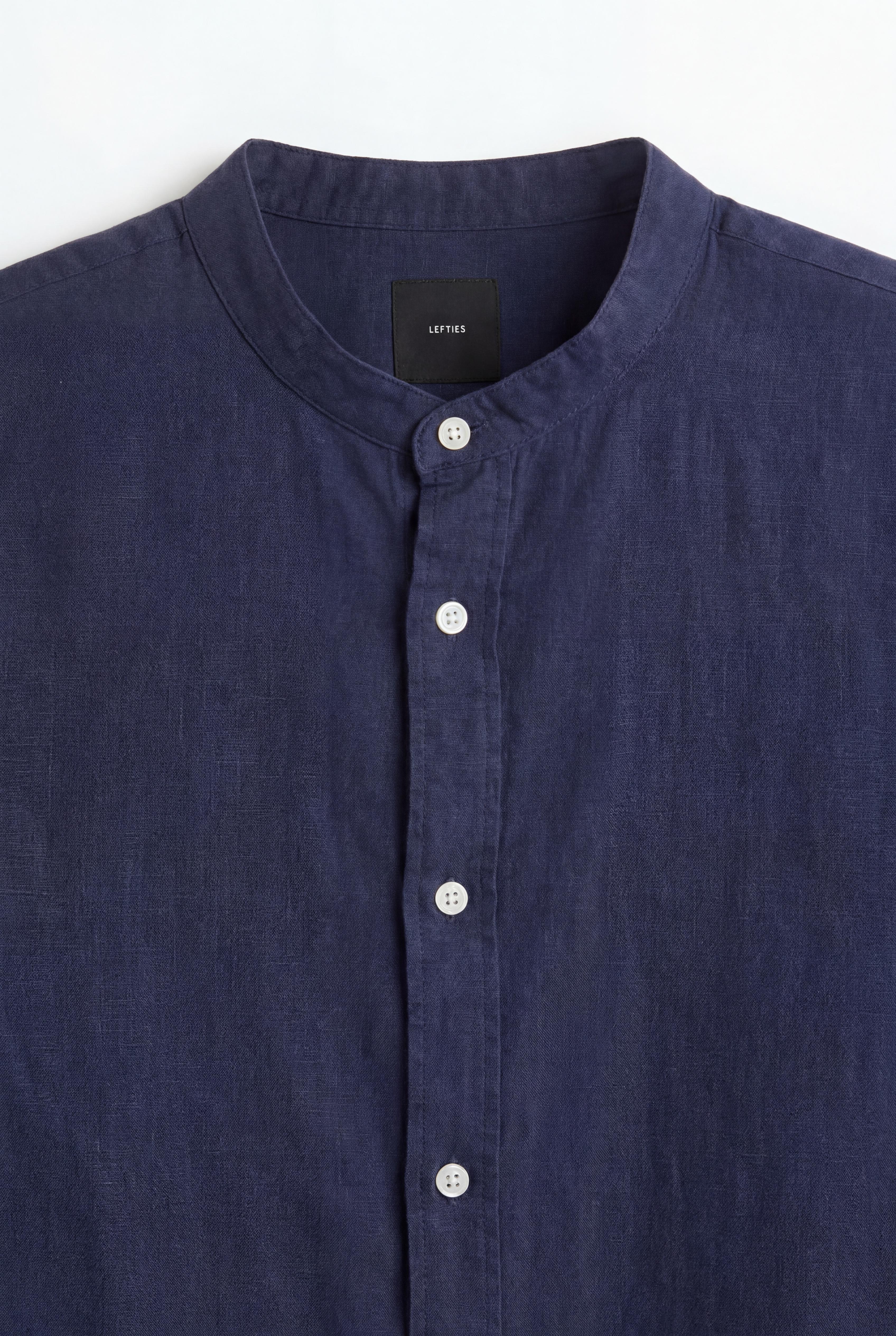 Linen and cotton stand collar shirt — NAVY