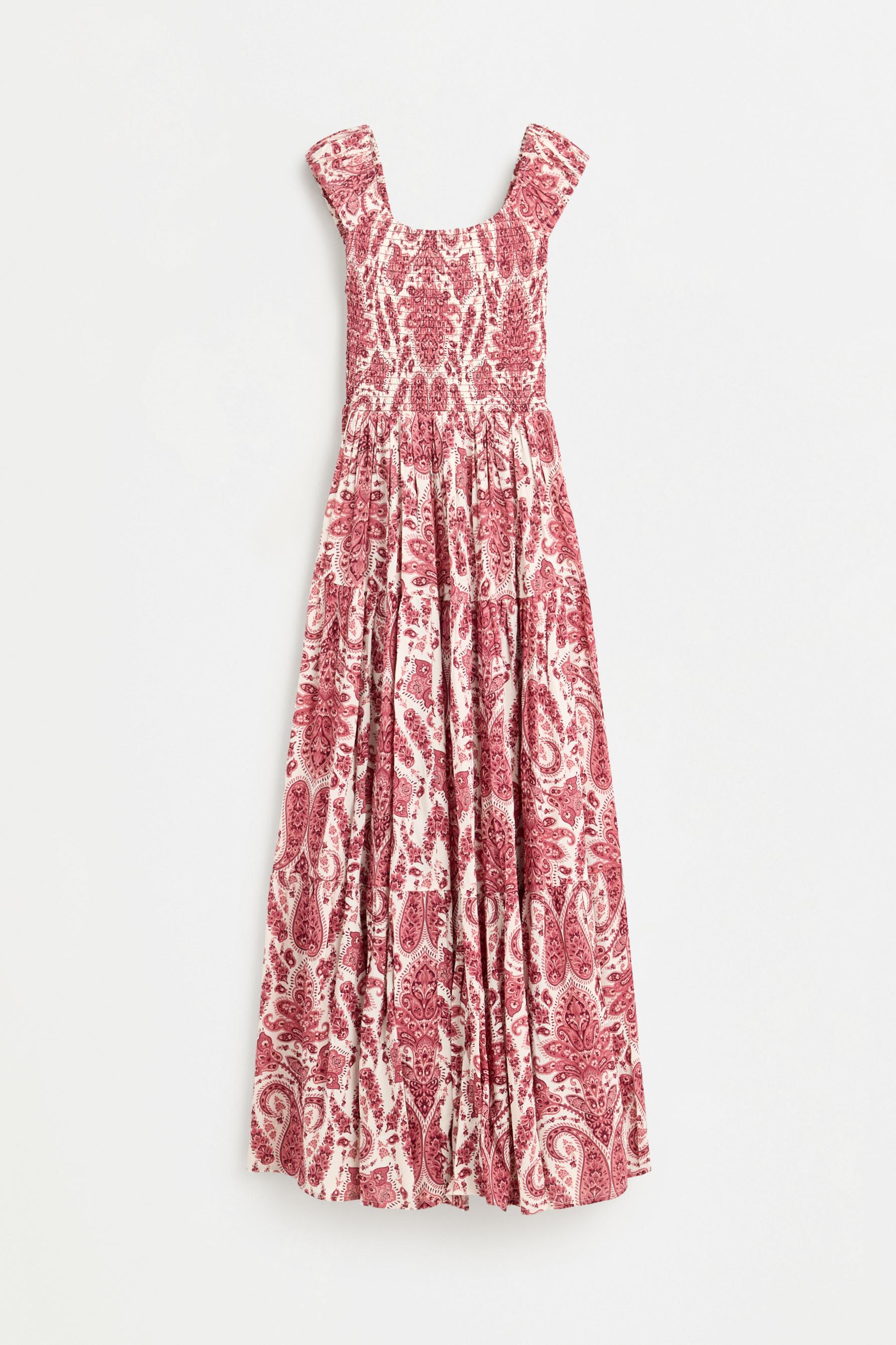 Smocked midi dress — BURGUNDY/ECRU