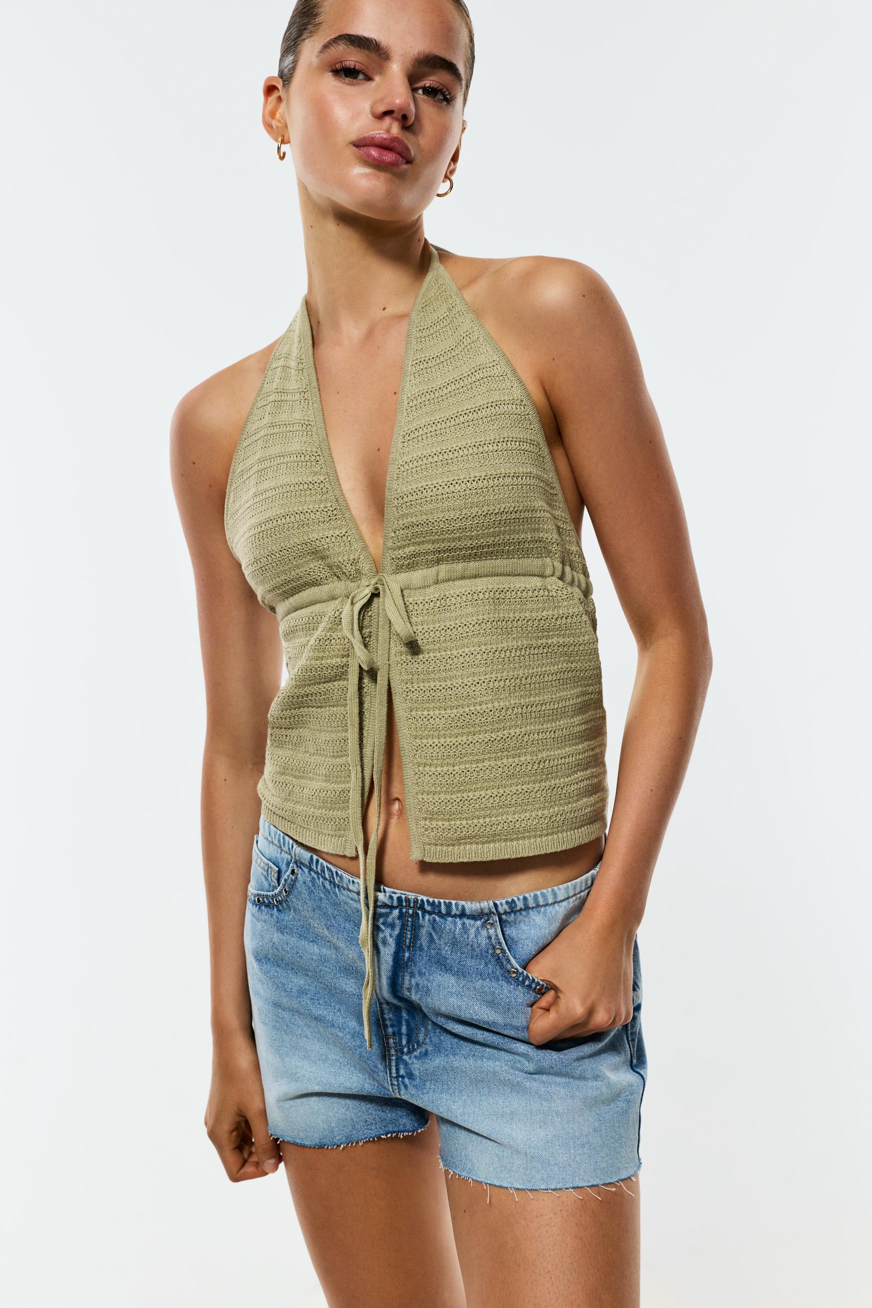Tie-detail knit top — PALE KHAKI