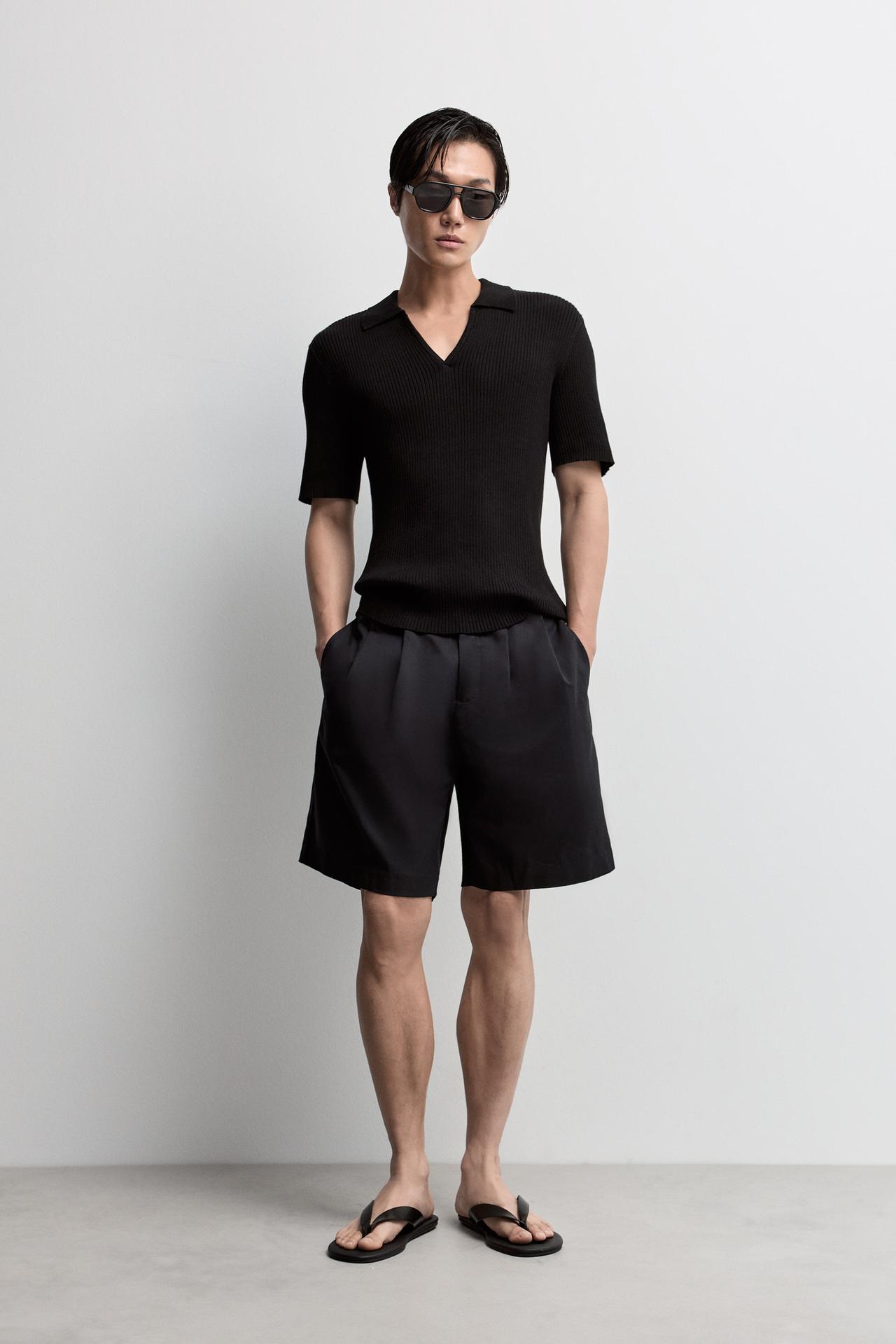 Ribbed knit polo shirt — BLACK