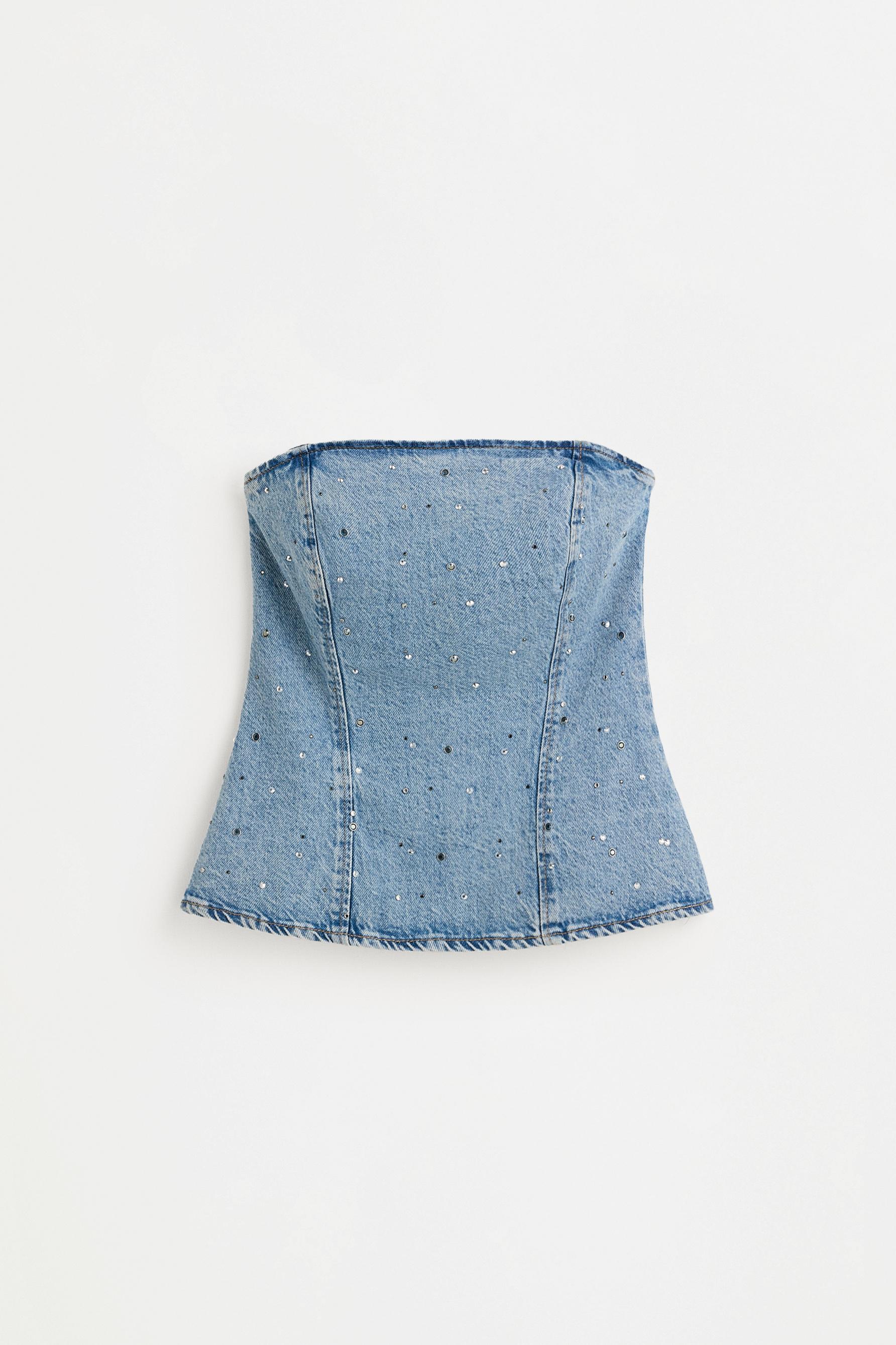 Denim bandeau top with rhinestones — INDIGO