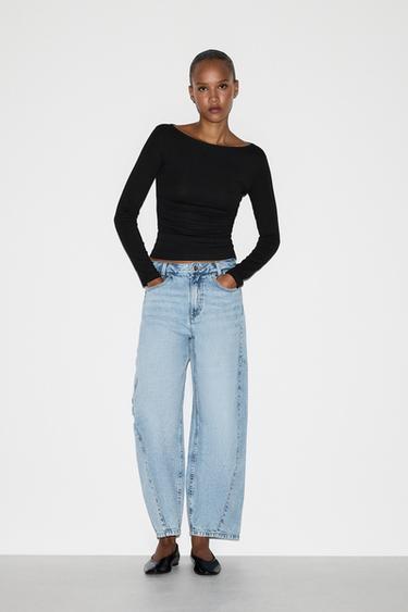 Boat-neck T-shirt with gathering — BLACK 3