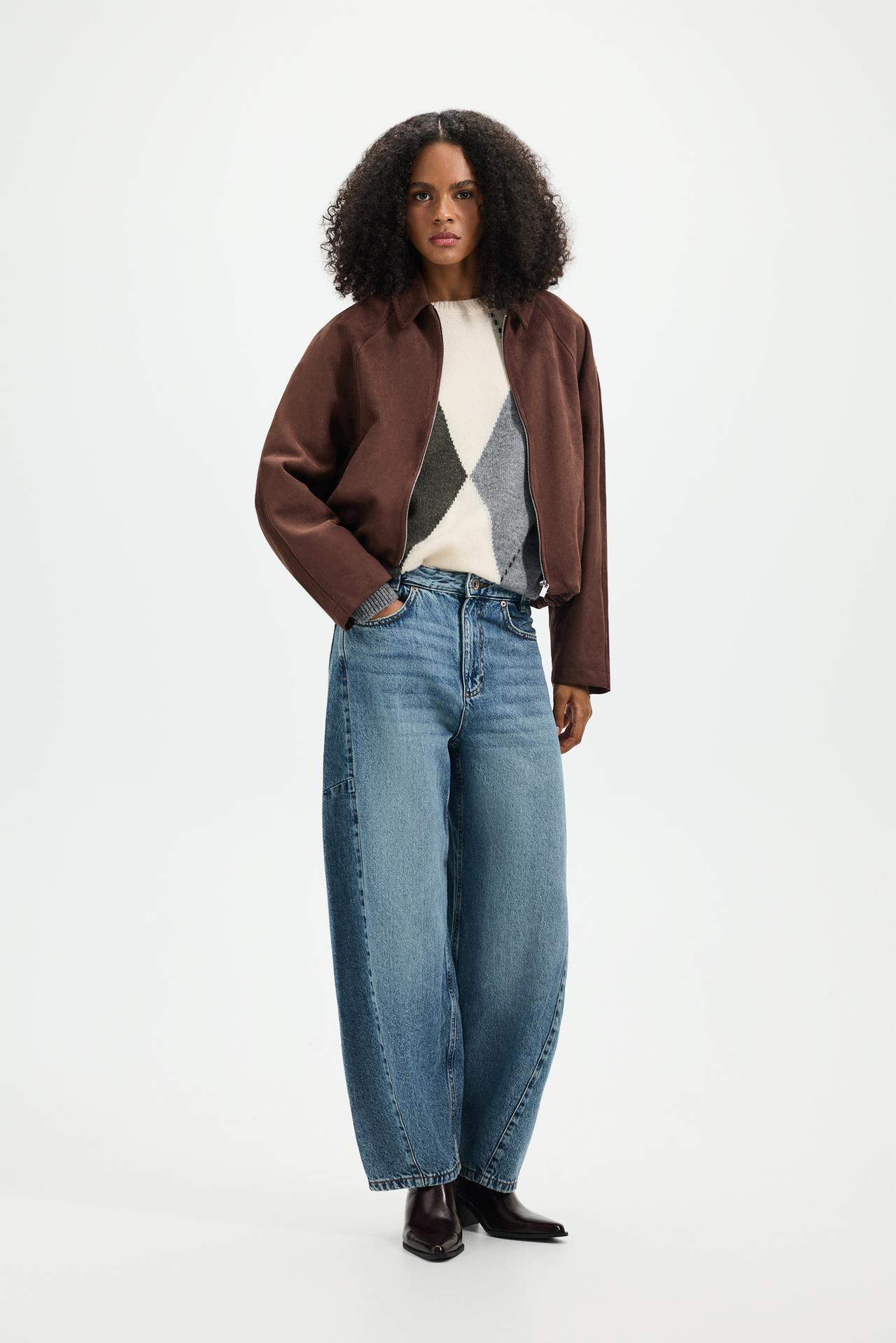 Puffed faux suede bomber jacket — CHOCOLATE BROWN