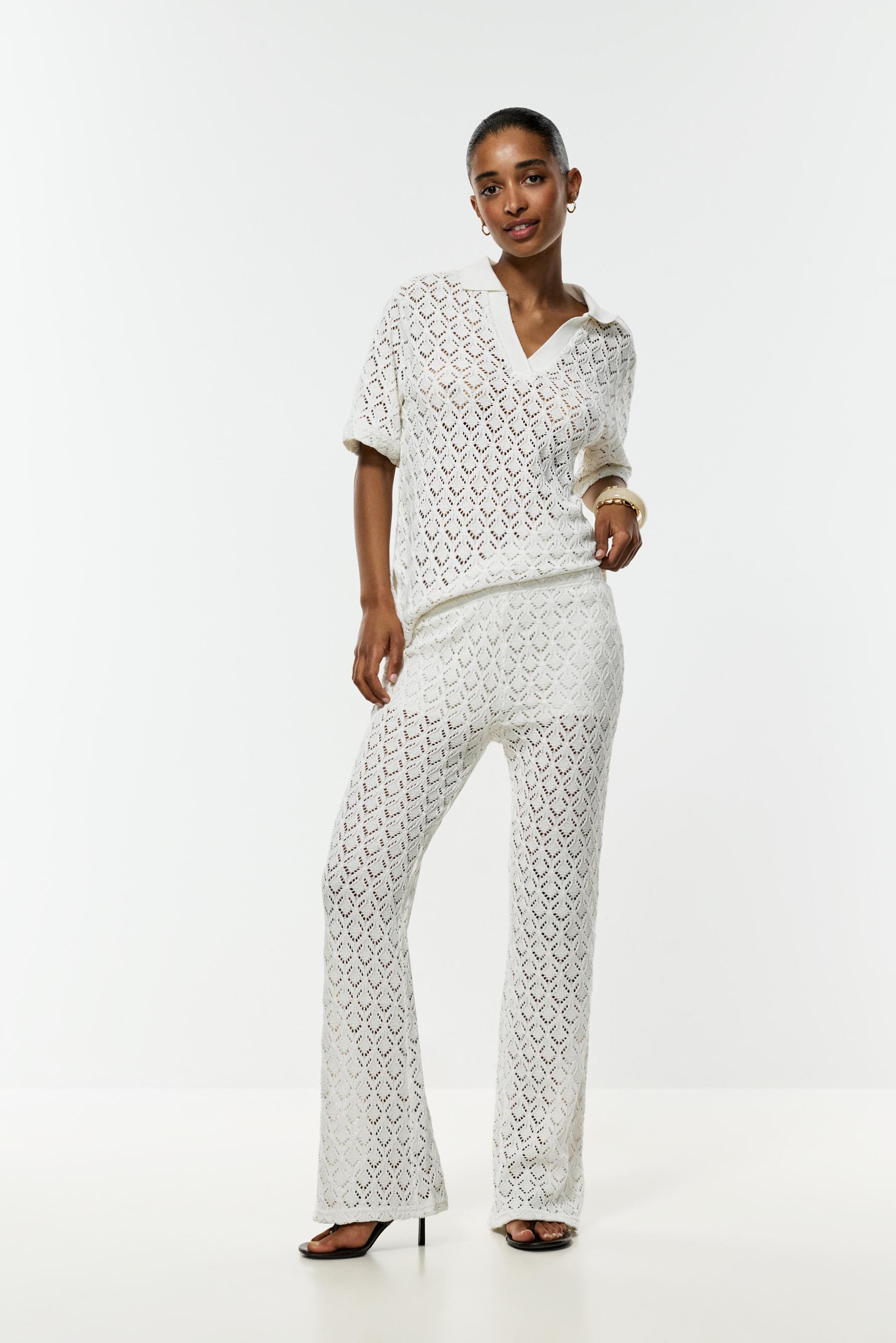 Crochet-effect bell bottom trousers — OFF WHITE