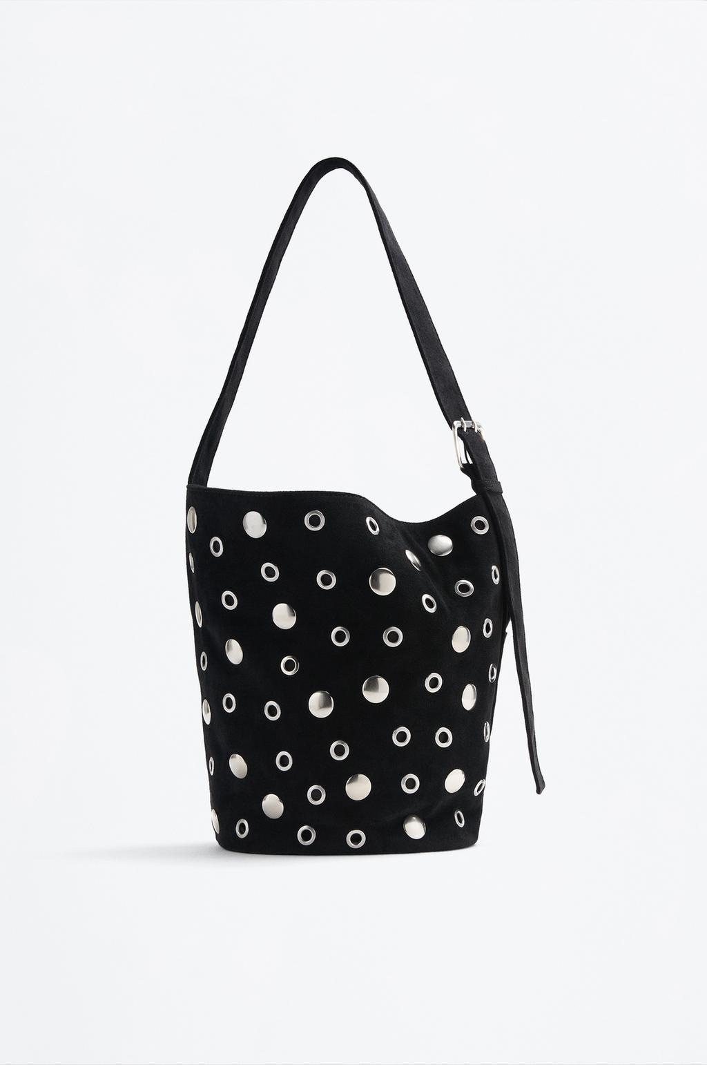 Studded faux suede bucket bag