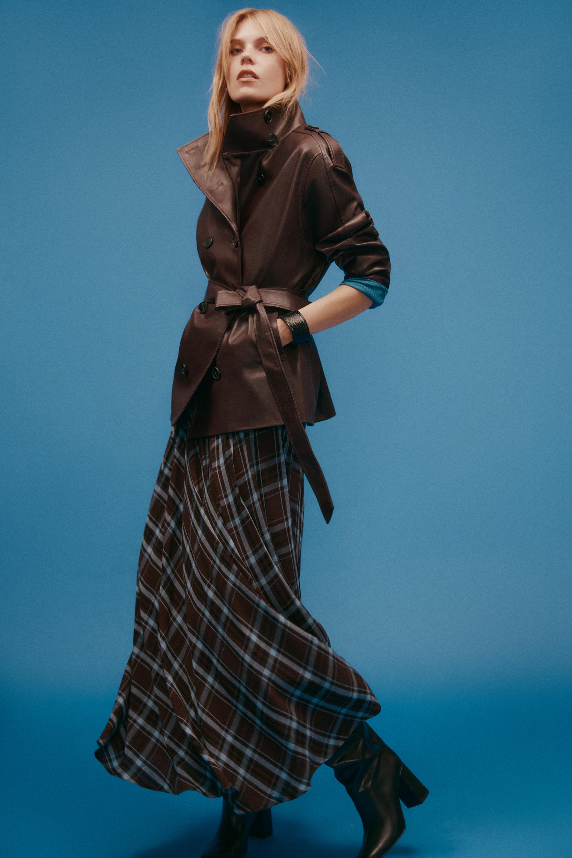 Plaid midi skirt — BROWN/BLUE