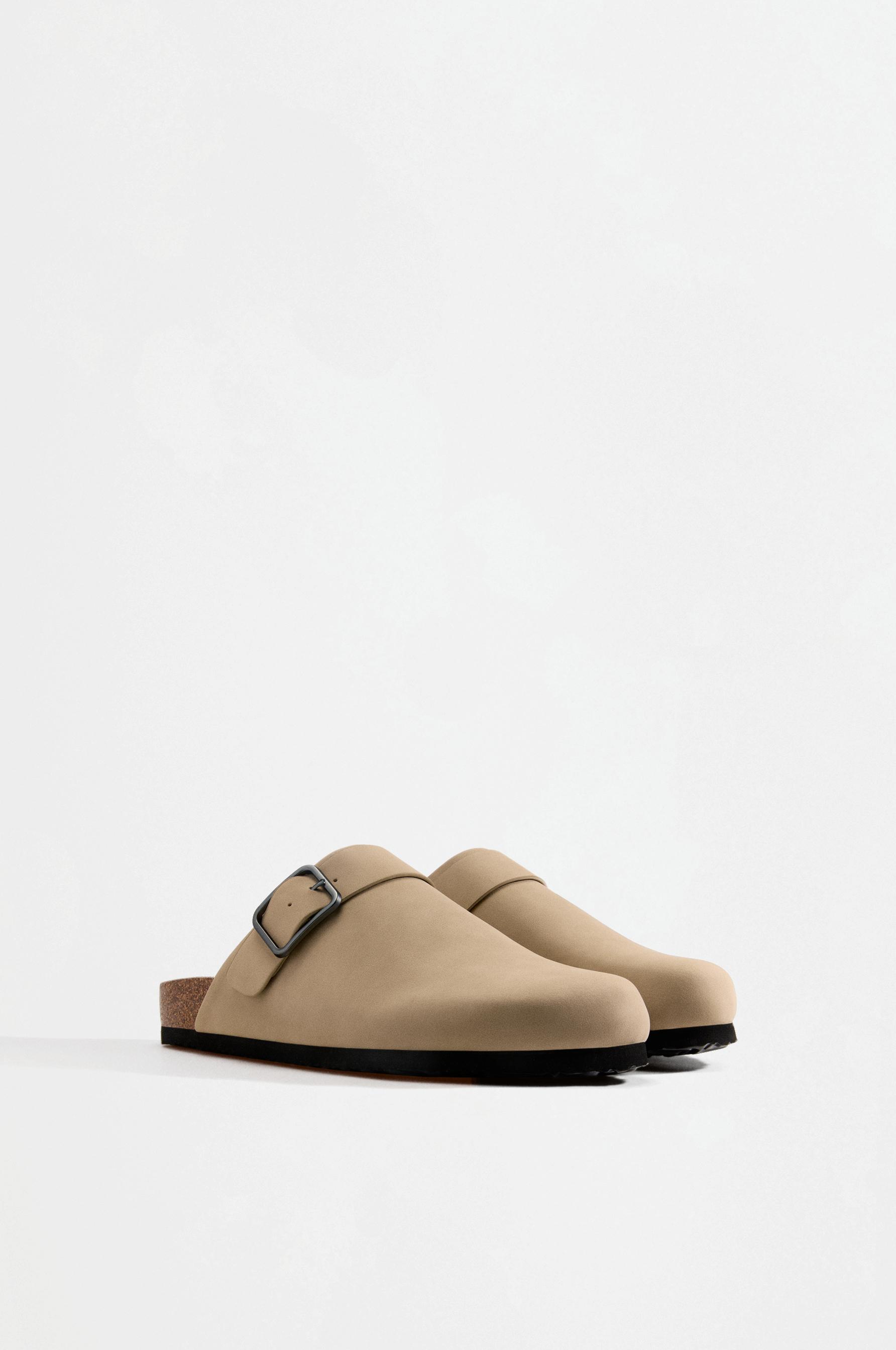 Faux suede buckle clogs — BEIGE
